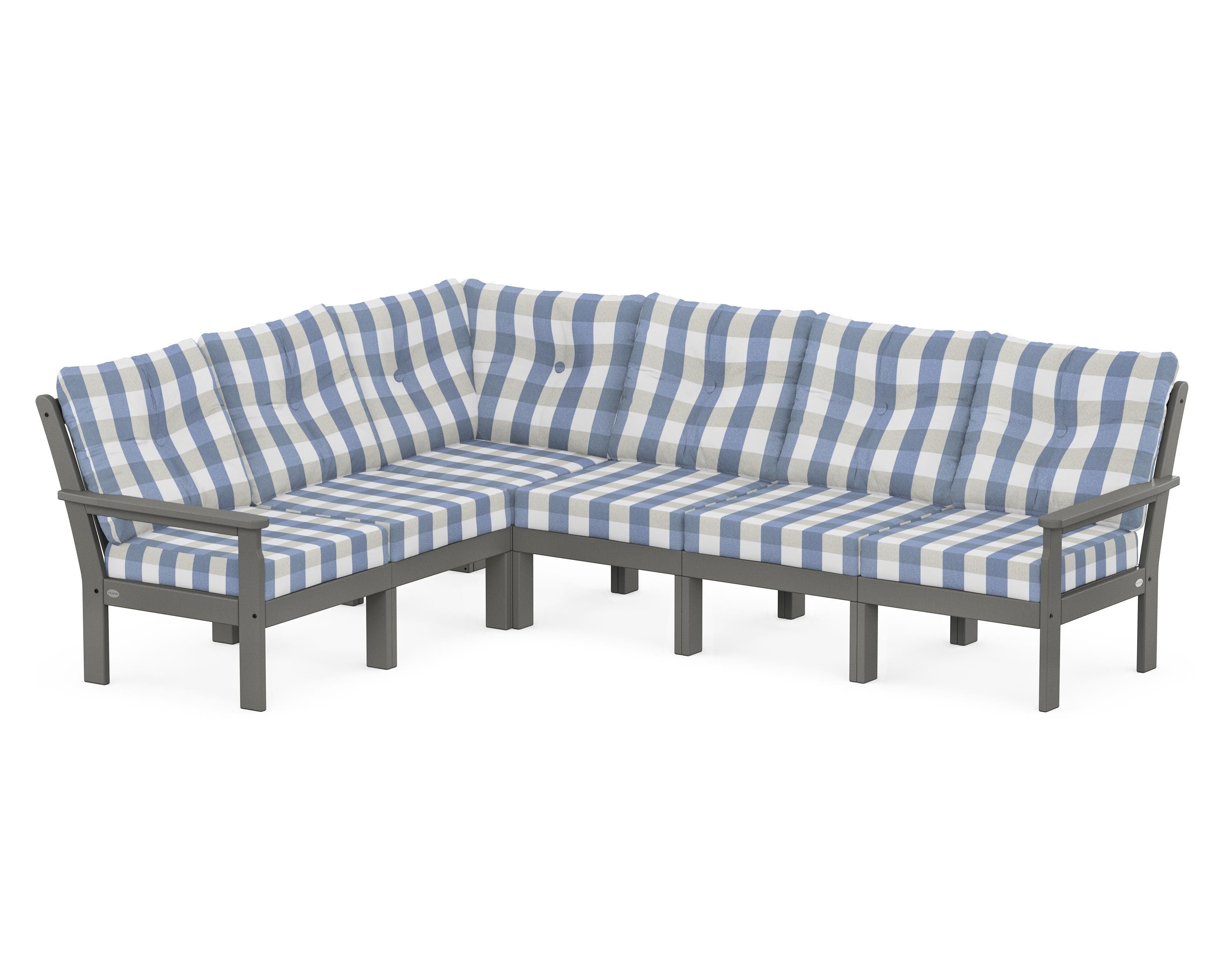 POLYWOOD® Vineyard 6-Piece Sectional in Slate Grey / Buffalo Plaid Sky Blue