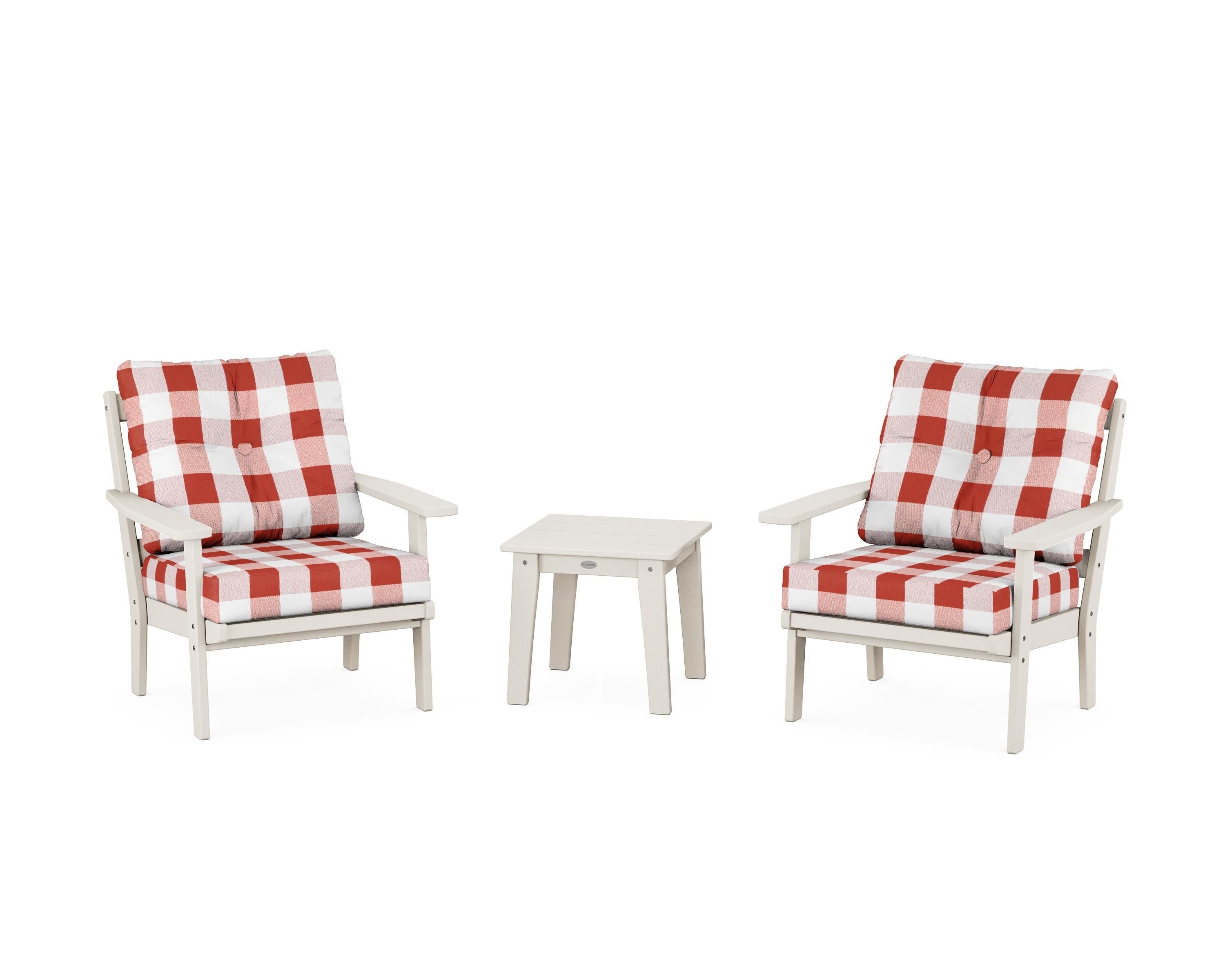 POLYWOOD® Oxford 3-Piece Deep Seating Set in Sand / Buffalo Plaid Crimson
