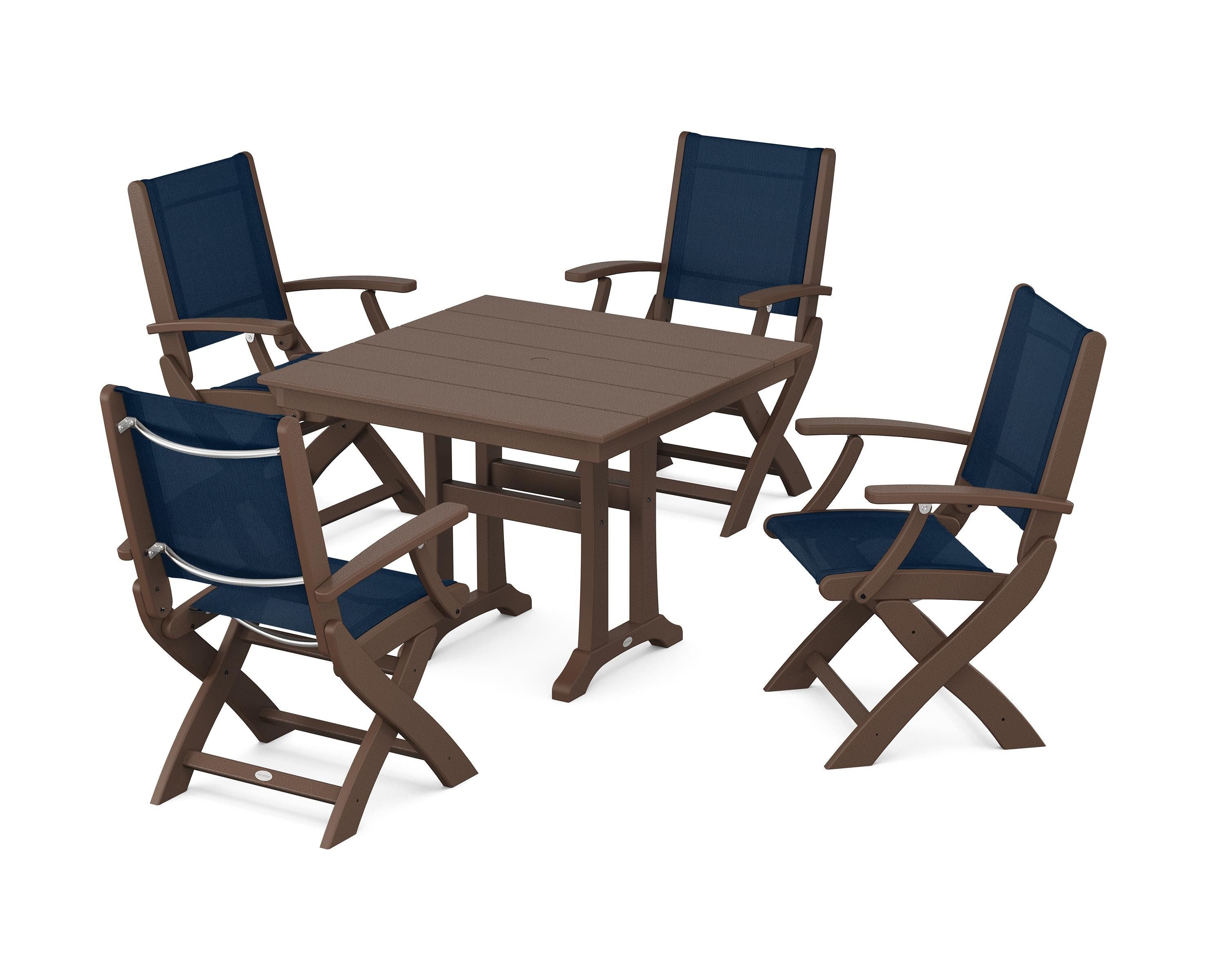 POLYWOOD® Coastal Folding Chair 5-Piece Farmhouse Dining Set With Trestle Legs in Mahogany / Navy Blue Sling