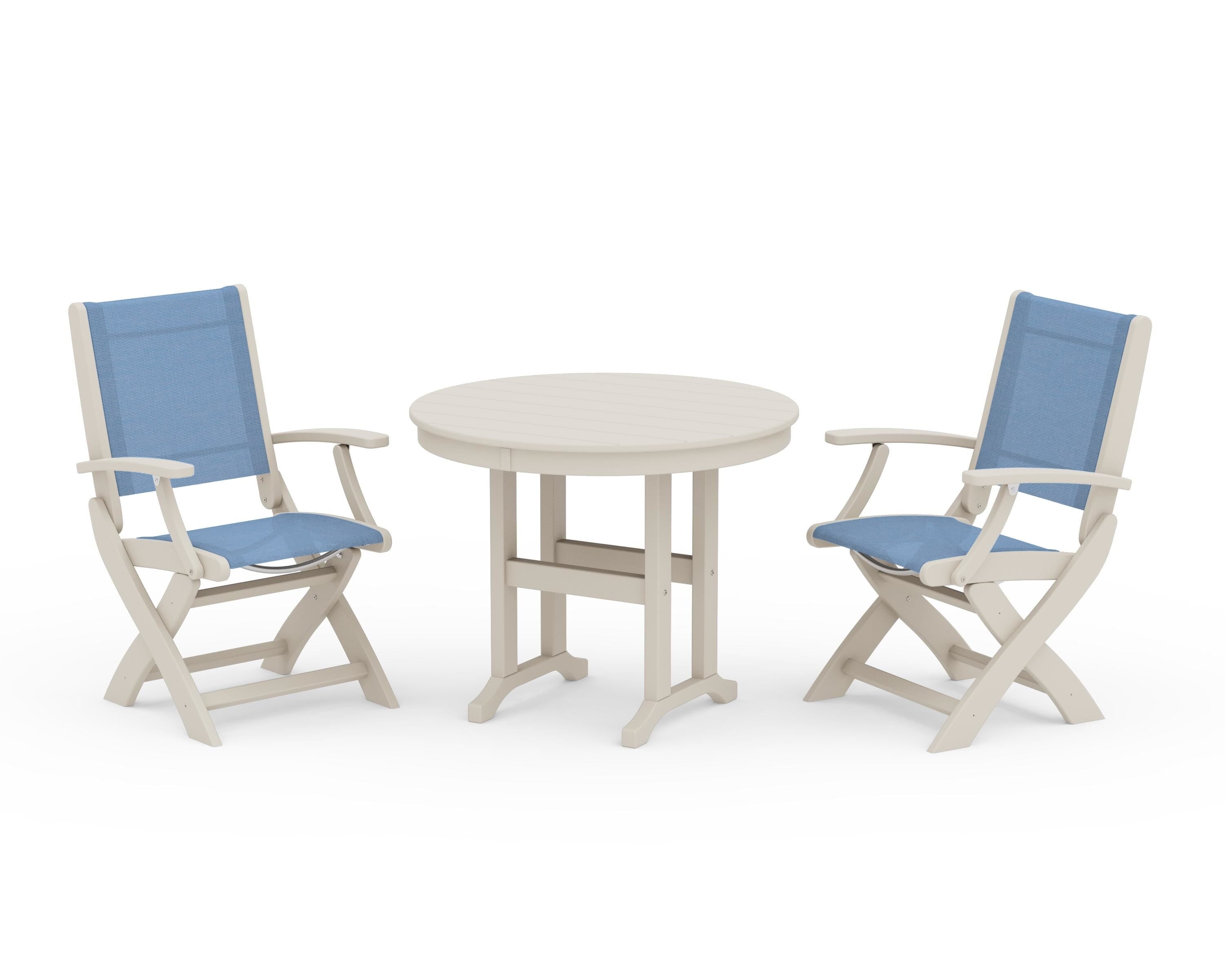 POLYWOOD® Coastal Folding Chair 3-Piece Round Dining Set in Sand / Poolside Sling