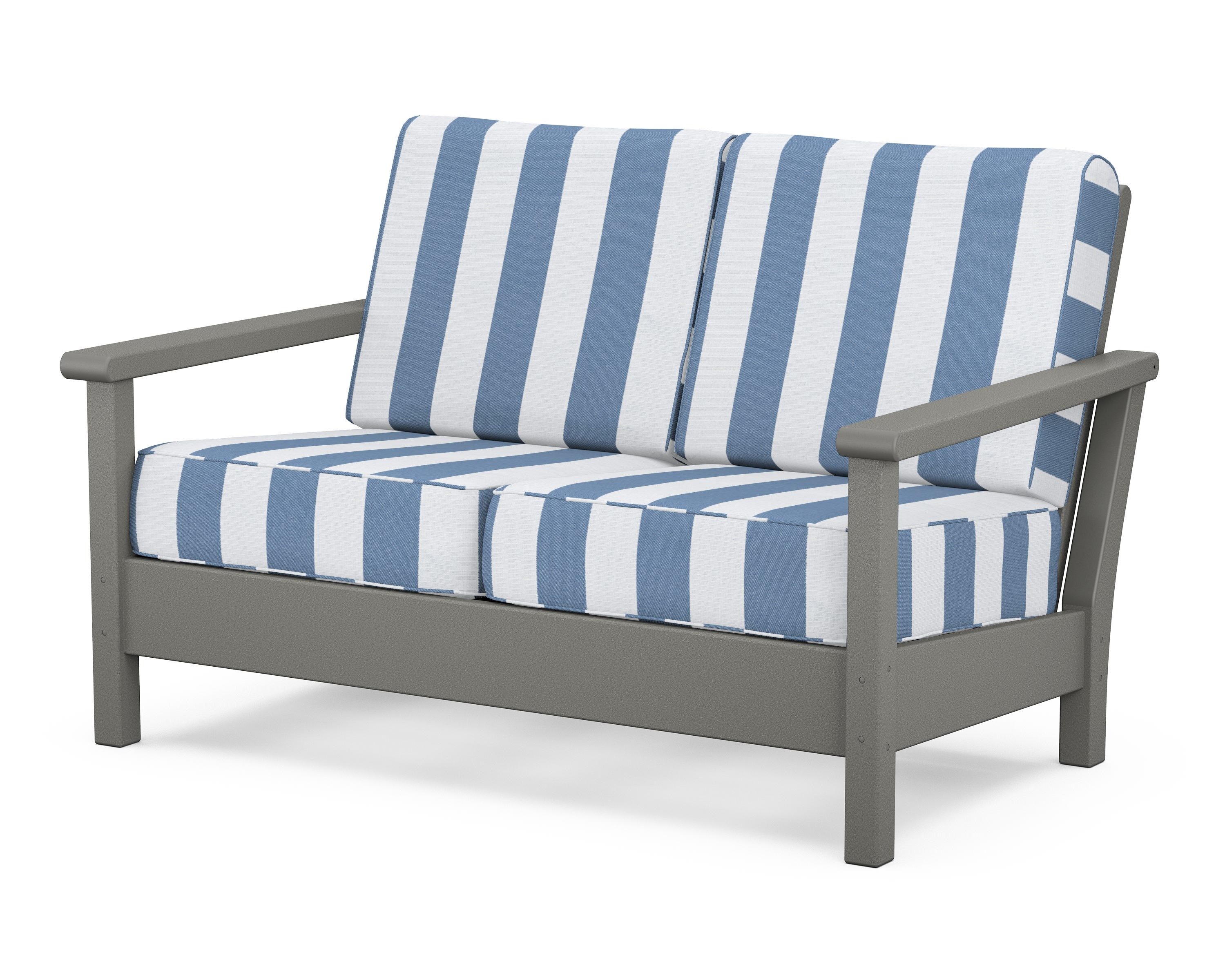 POLYWOOD® Harbour Deep Seating Loveseat in Slate Grey / Cabana Stripe Sky Blue