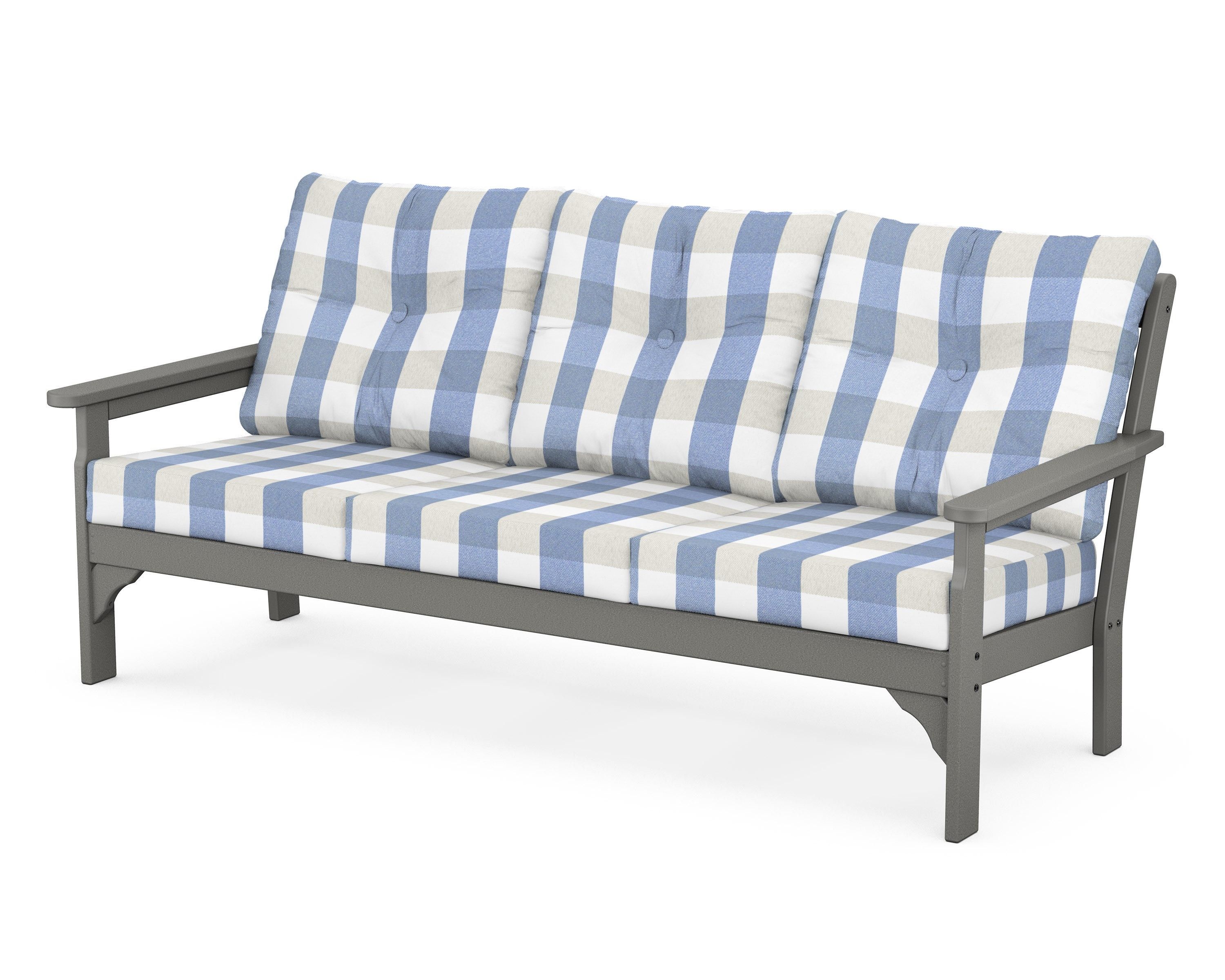 POLYWOOD® Vineyard Deep Seating Sofa in Slate Grey / Buffalo Plaid Sky Blue