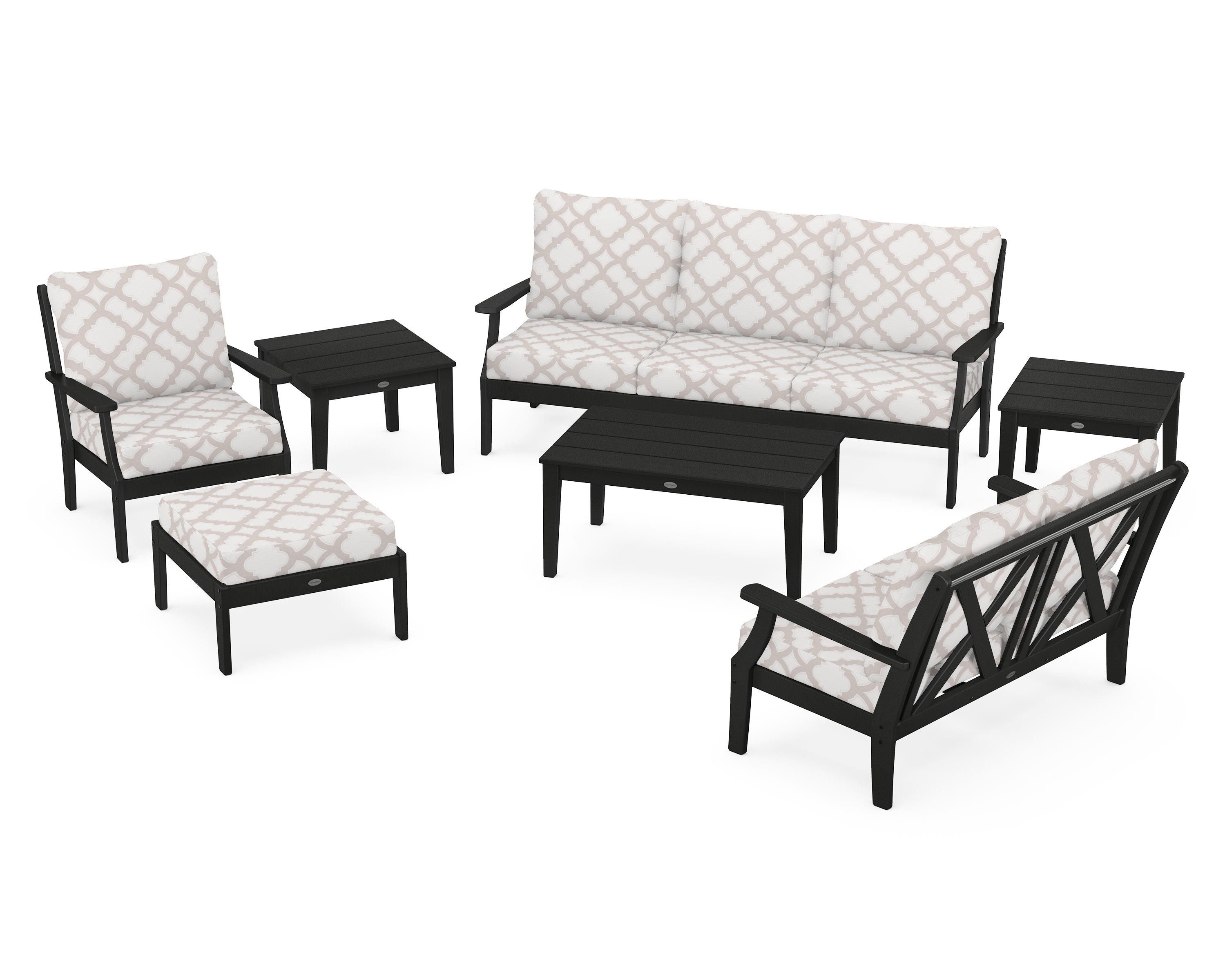 POLYWOOD® Braxton 7-Piece Deep Seating Set in Black / Trellis Dune Burlap