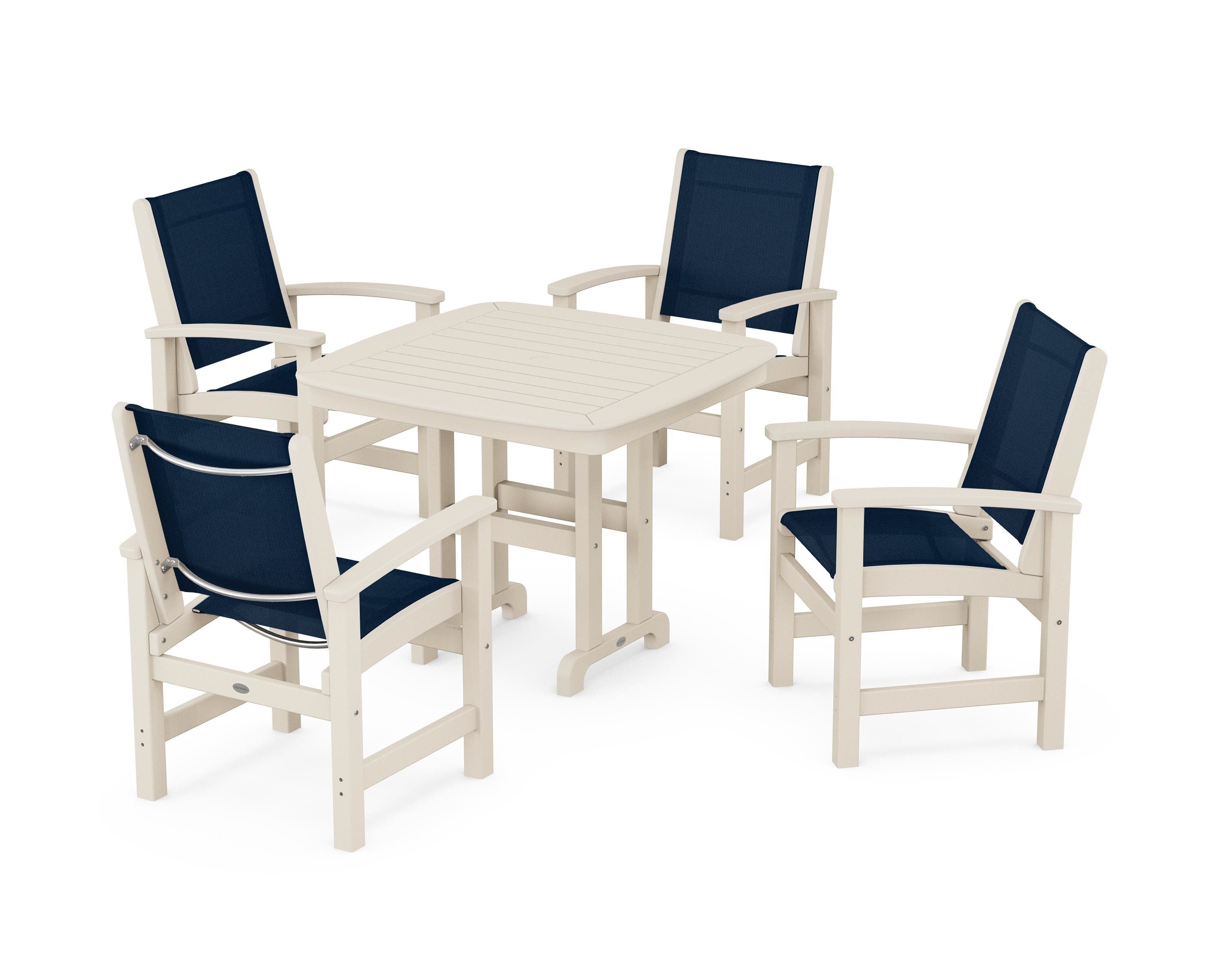 POLYWOOD® Coastal 5-Piece Dining Set in Sand / Navy Blue Sling