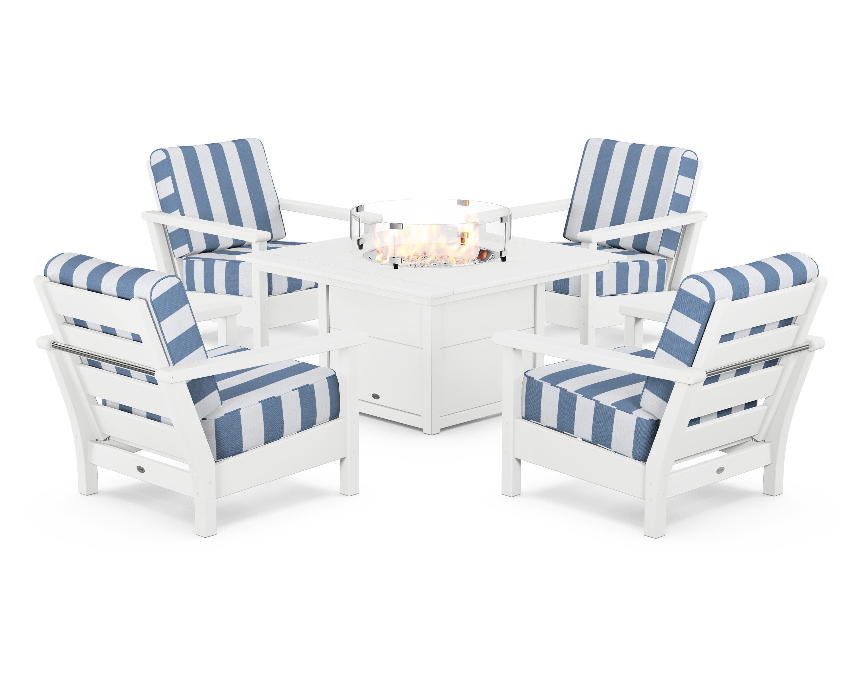POLYWOOD® Harbour 5-Piece Conversation Set with Fire Pit Table in White / Cabana Stripe Sky Blue