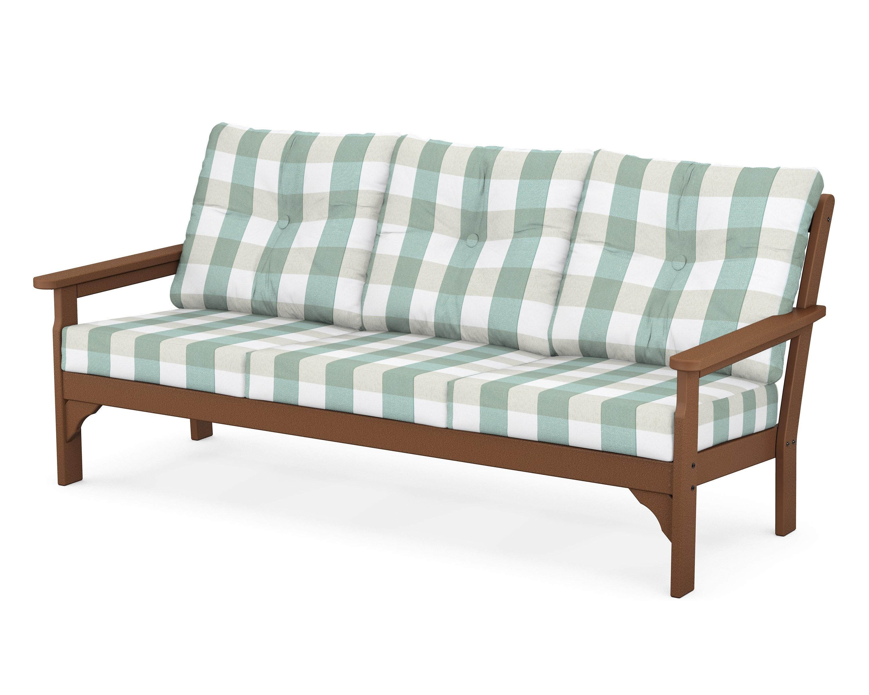 POLYWOOD® Vineyard Deep Seating Sofa in Teak / Buffalo Plaid Glacier Spa