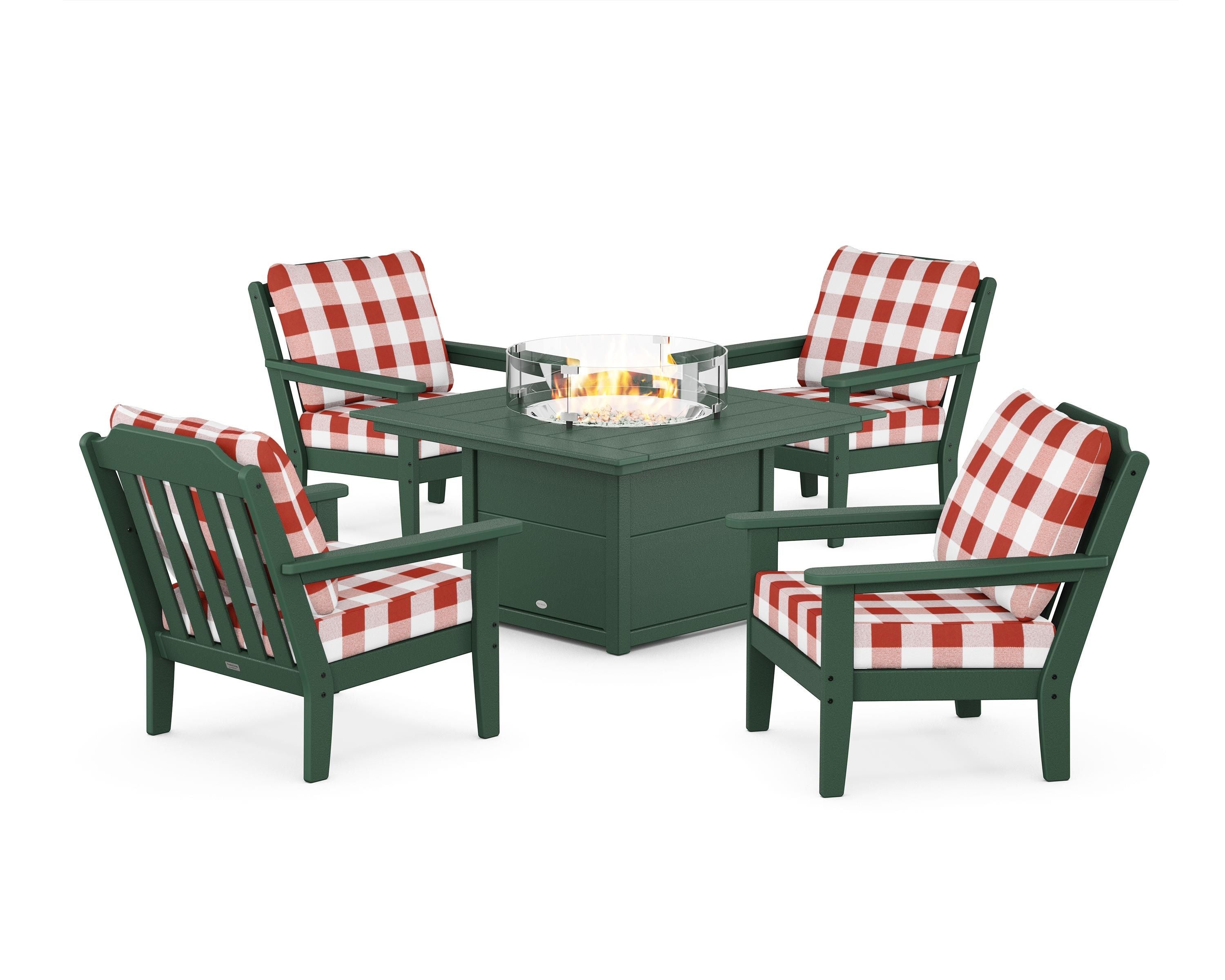 Country Living Cottage 5-Piece Deep Seating Set with Fire Pit Table in Green / Buffalo Plaid Crimson
