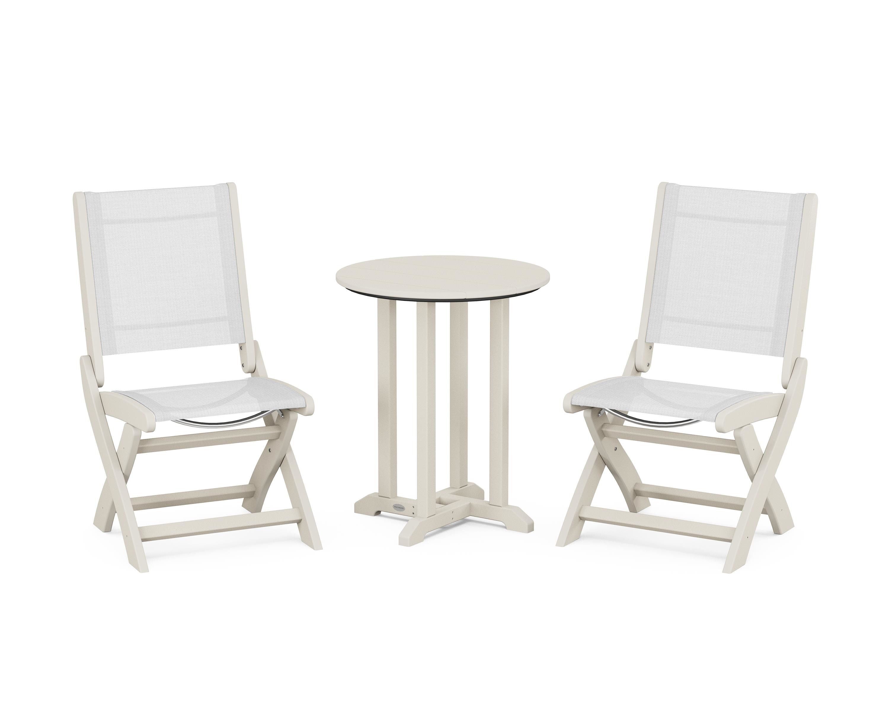 POLYWOOD® Coastal Folding Side Chair 3-Piece Round Bistro Dining Set in Sand / White Sling