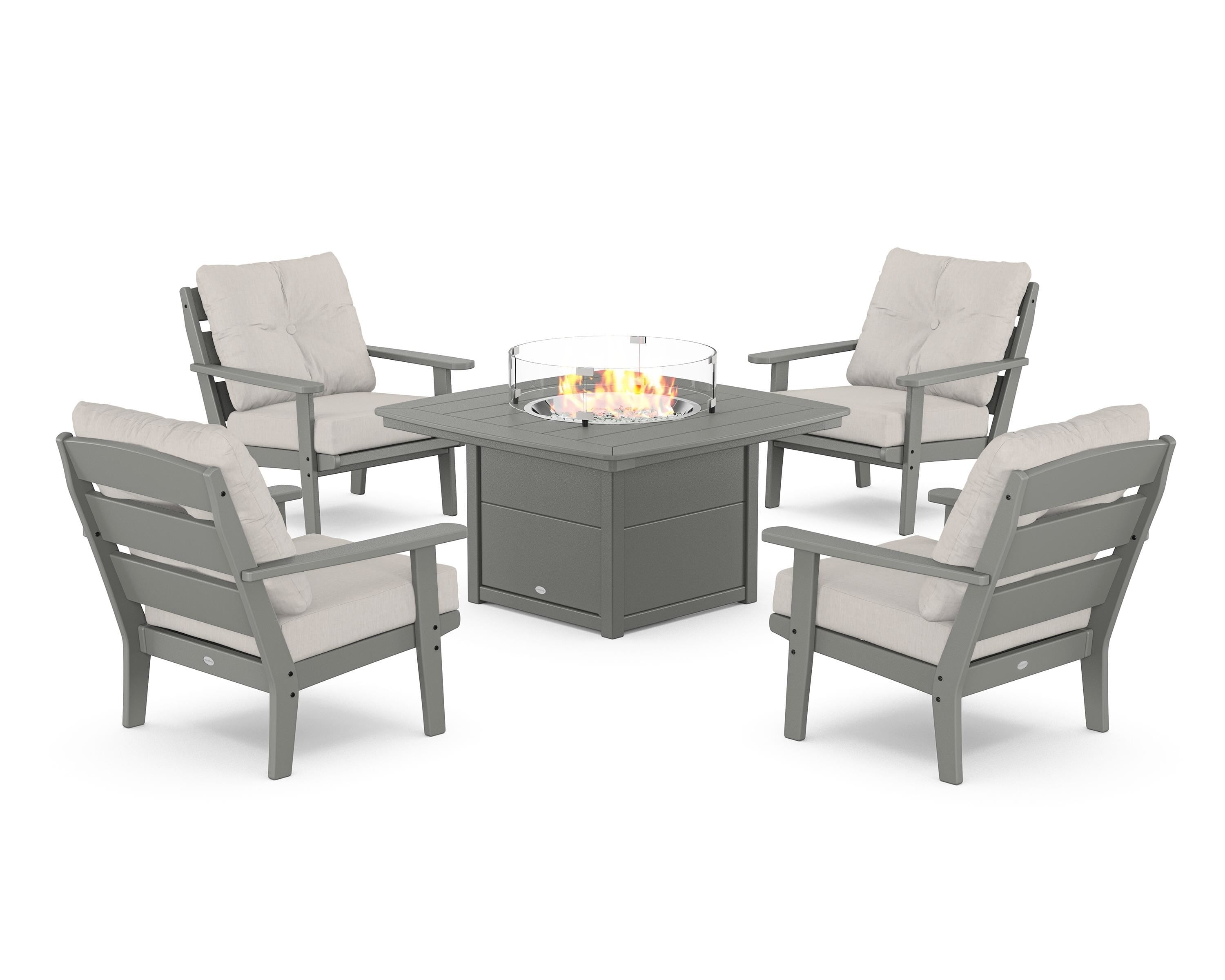 POLYWOOD® Lakeside 5-Piece Deep Seating Set with Nautical Fire Pit Table in Slate Grey / Cast Ash