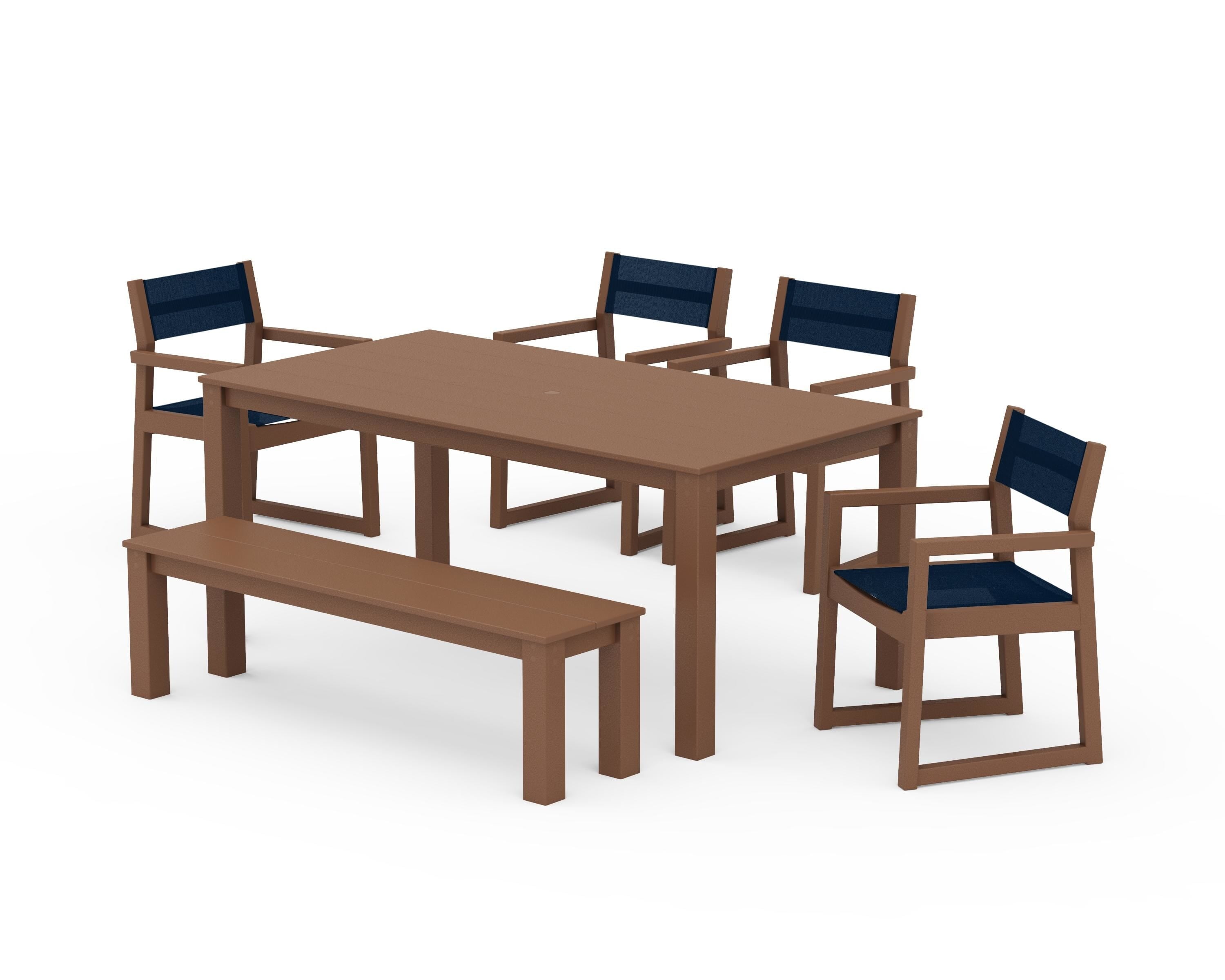 POLYWOOD® EDGE Sling Arm Chair 6-Piece Parsons Dining Set with Bench in Teak / Navy Blue Sling