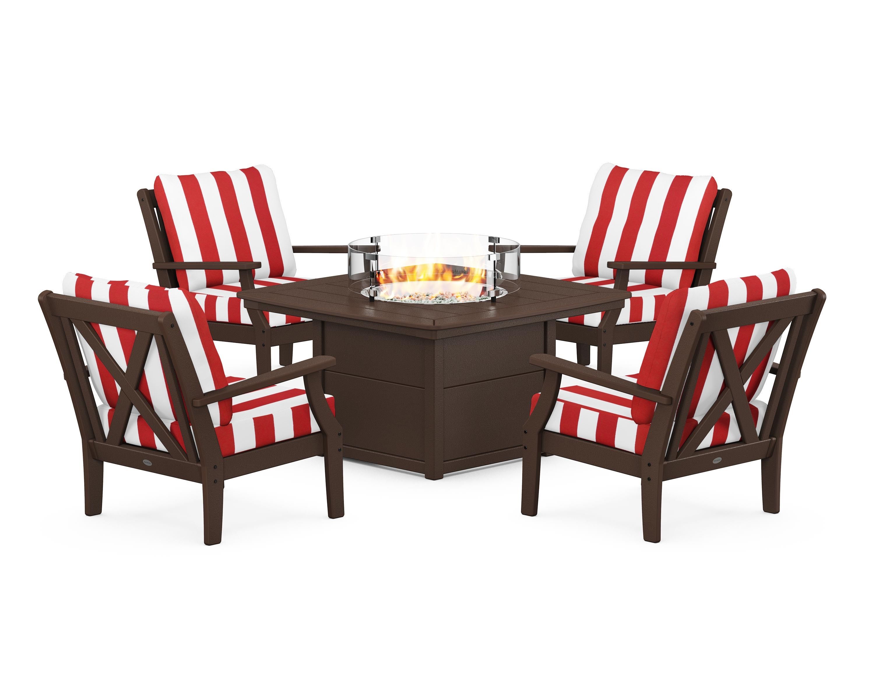 POLYWOOD® Braxton 5-Piece Deep Seating Conversation Set with Fire Pit Table in Mahogany / Cabana Stripe Crimson