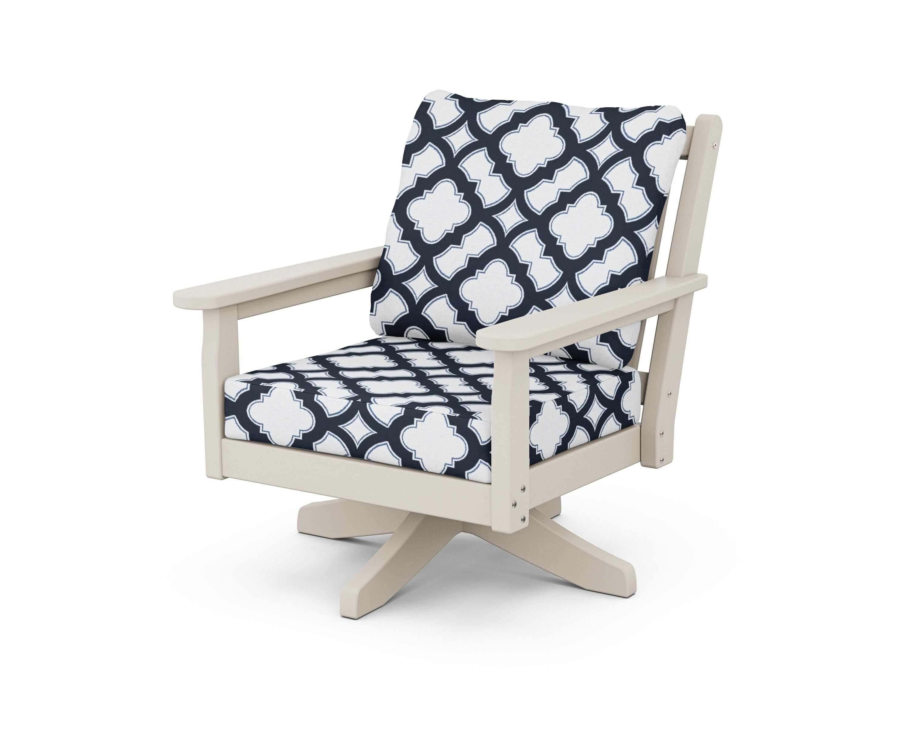 POLYWOOD® Chippendale Deep Seating Swivel Chair in Sand / Trellis Marine Indigo