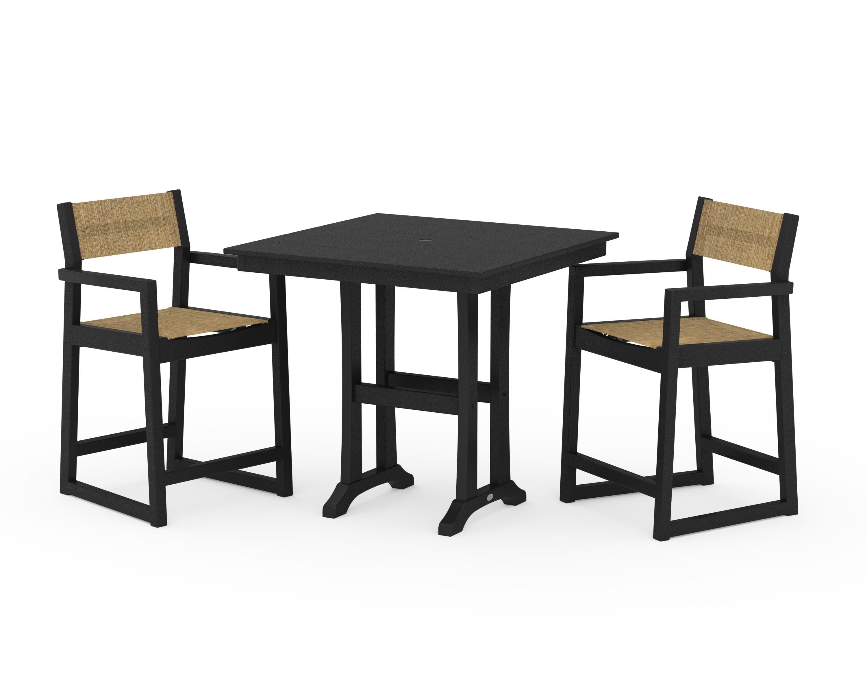 POLYWOOD® EDGE Sling Arm Chair 3-Piece Farmhouse Counter Set with Trestle Legs in Black / Burlap Sling