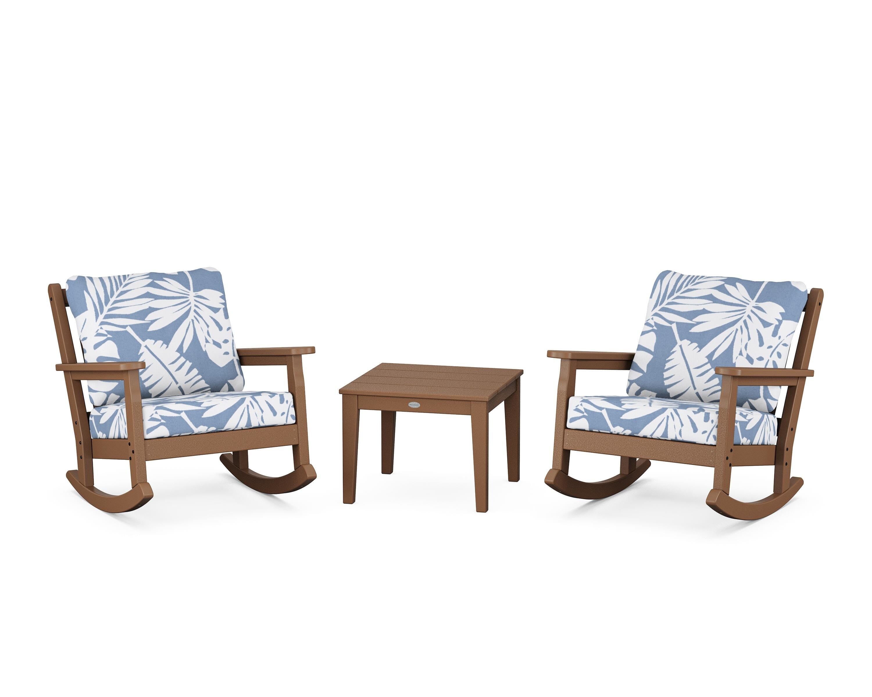 POLYWOOD® Chippendale 3-Piece Deep Seating Rocker Set in Teak / Leaf Sky Blue