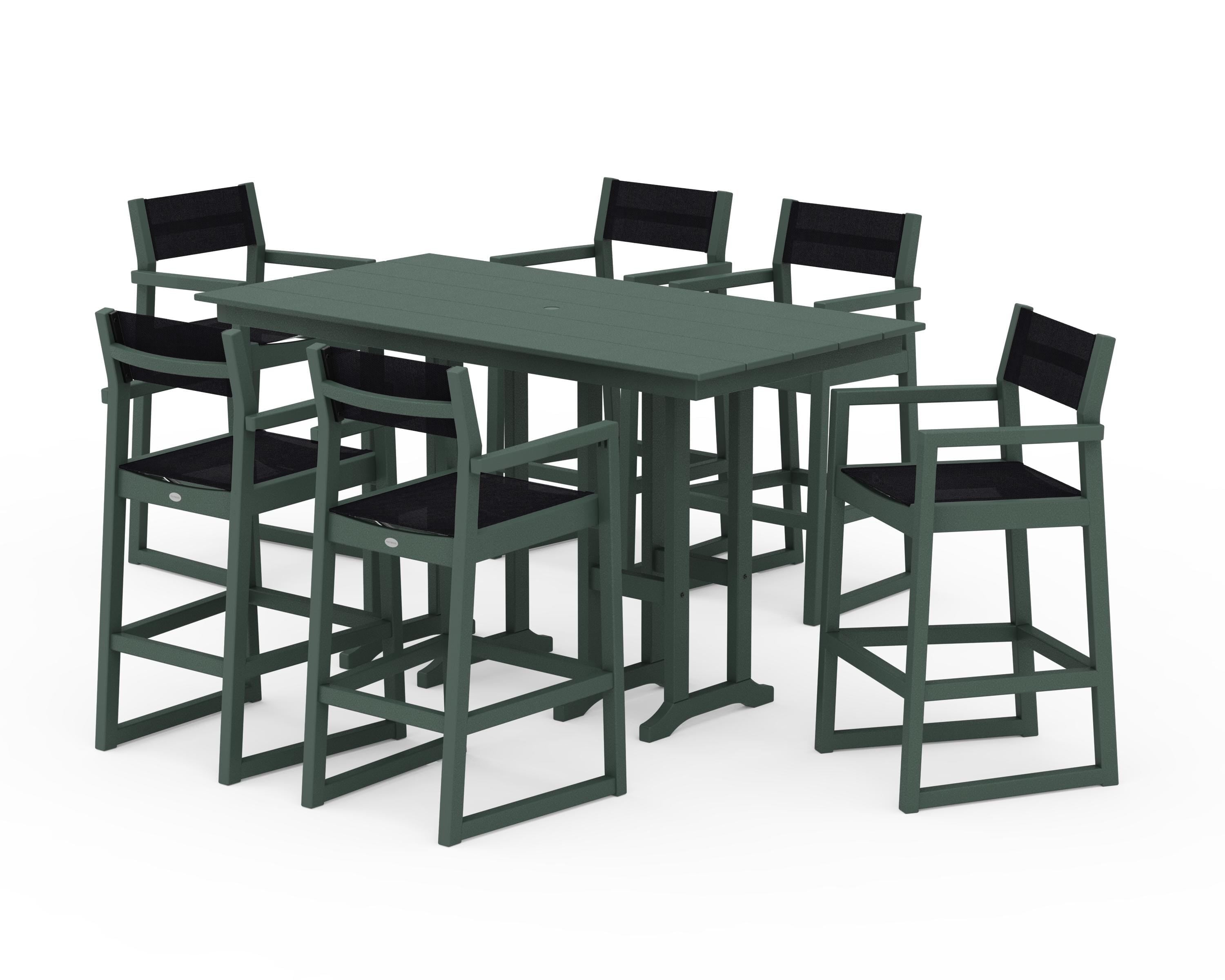 POLYWOOD® EDGE Sling Arm Chair 7-Piece Farmhouse Bar Set in Green / Black Sling
