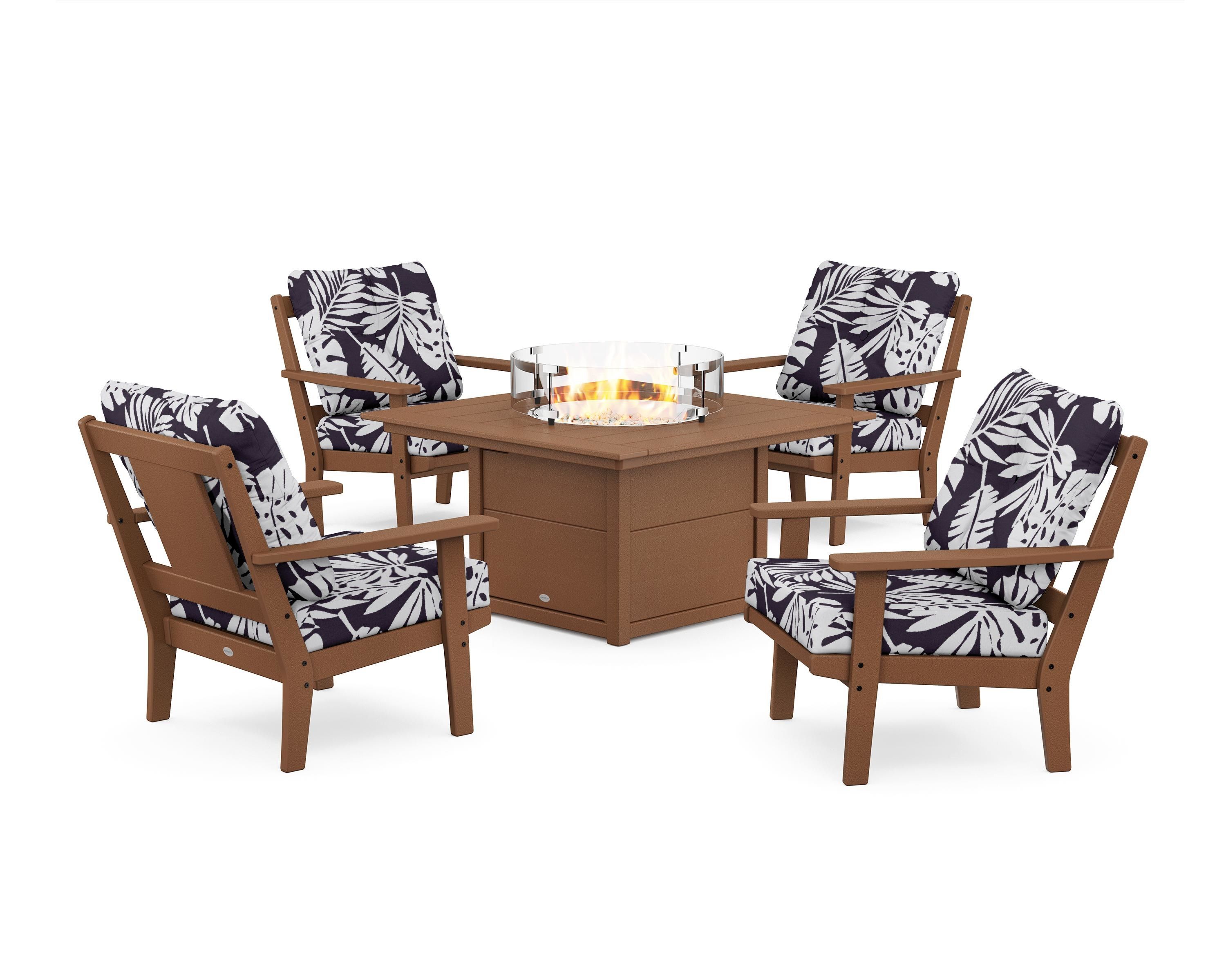 POLYWOOD® Prairie 5-Piece Deep Seating Set with Fire Pit Table in Teak / Leaf Navy