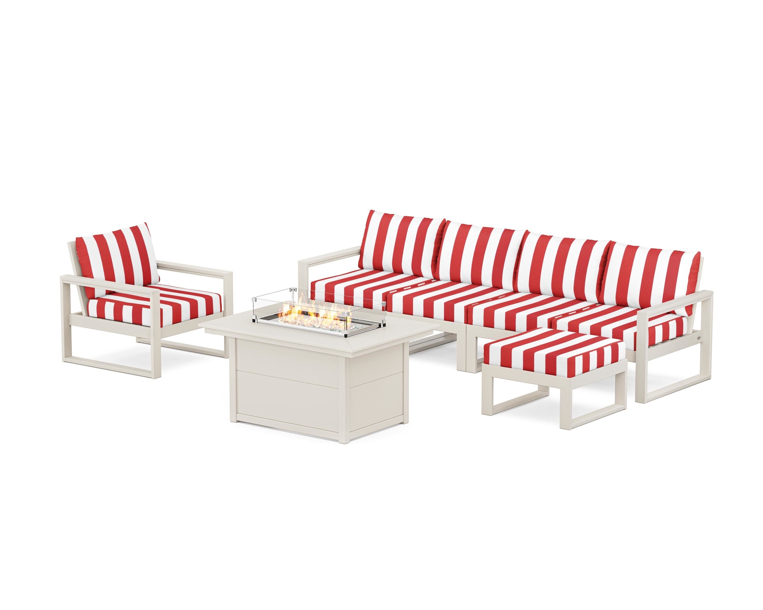POLYWOOD® EDGE Sectional Lounge and Fire Pit Set in Sand / Cabana Stripe Crimson