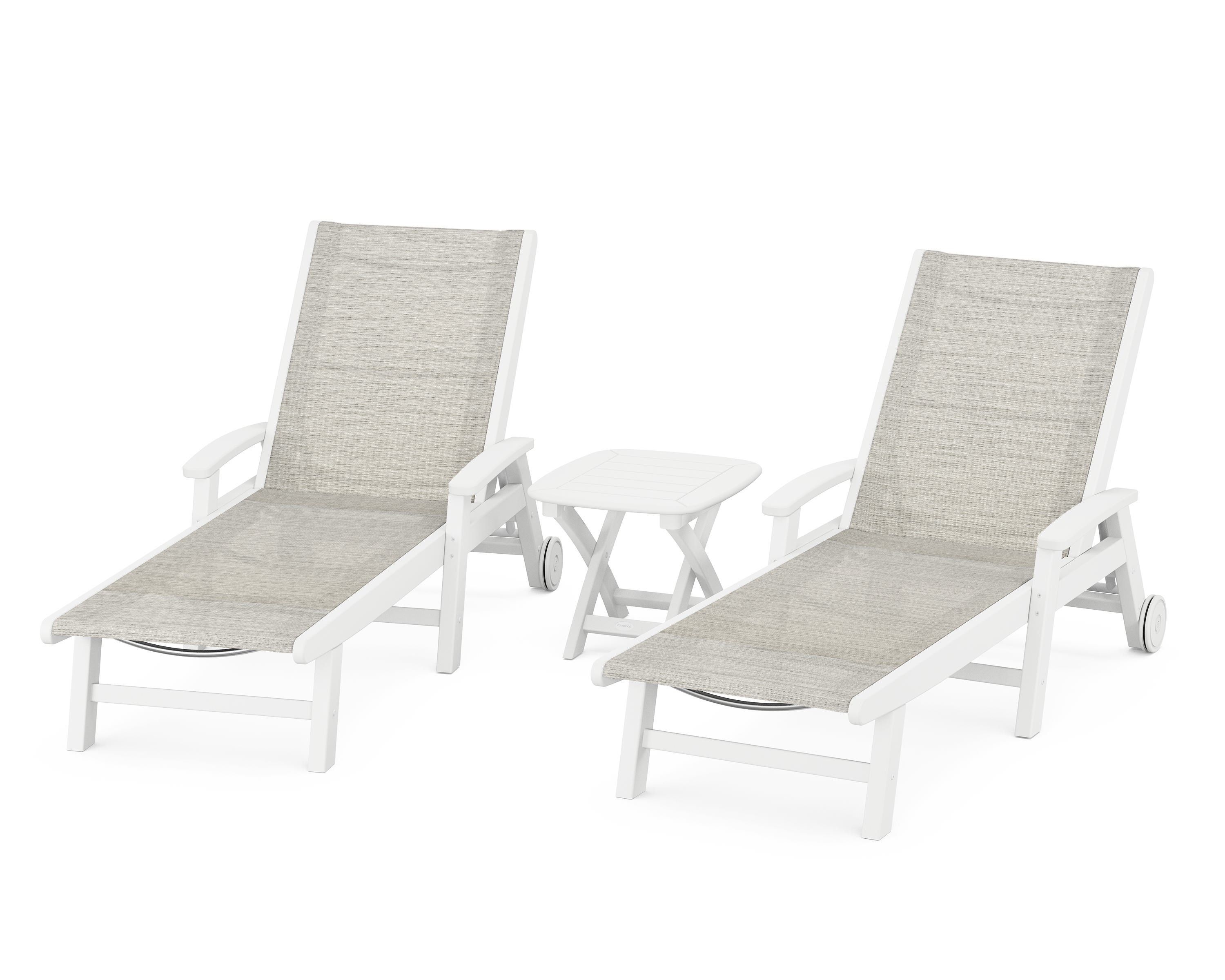 POLYWOOD® Coastal 3-Piece Wheeled Chaise Set in White / Birch Sling