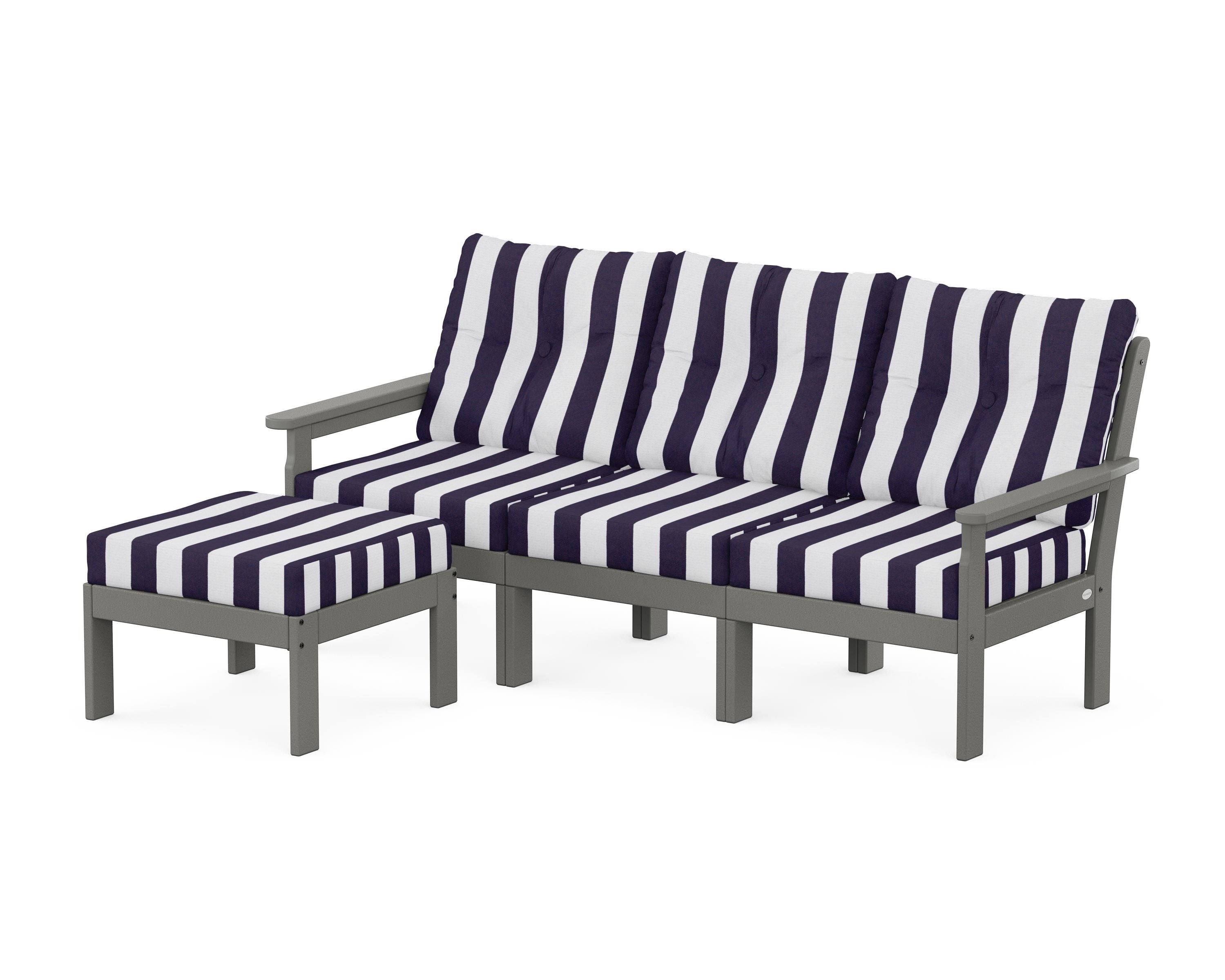 POLYWOOD® Vineyard 4-Piece Sectional with Ottoman in Slate Grey / Cabana Stripe Navy