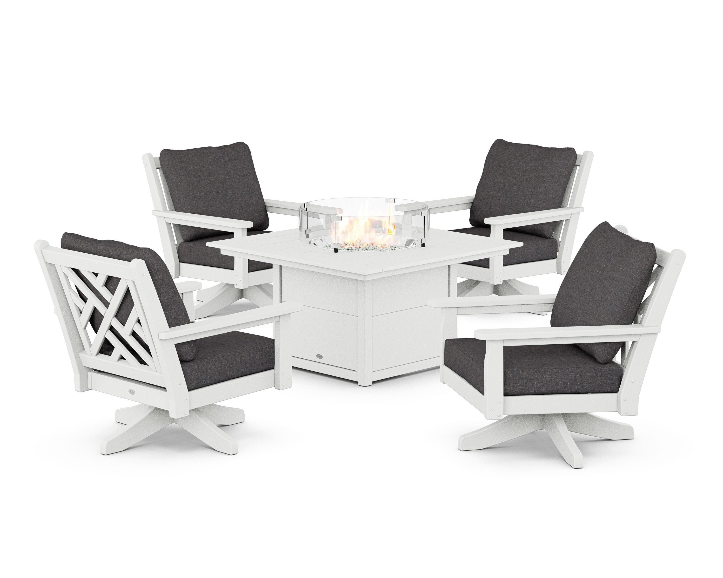 POLYWOOD® Chippendale 5-Piece Deep Seating Swivel Conversation Set with Fire Pit Table in White / Ash Charcoal
