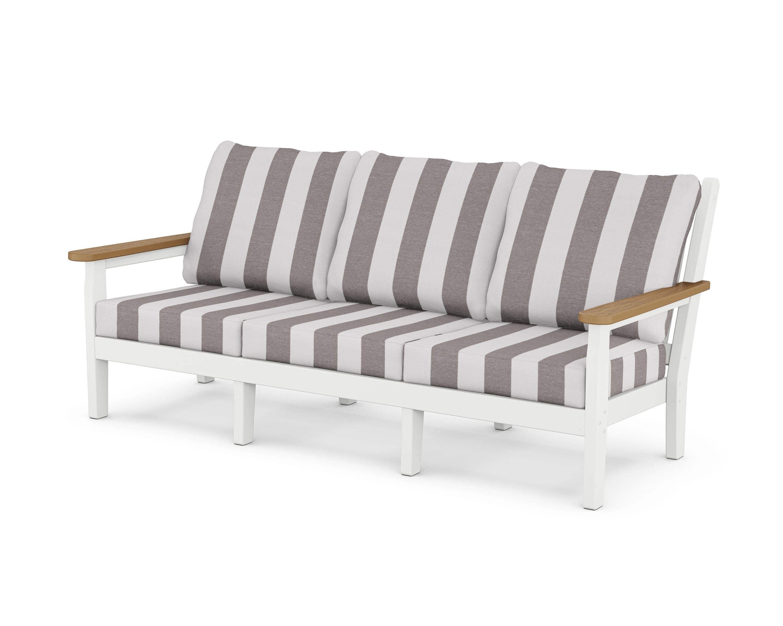 POLYWOOD® Chippendale Deep Seating Sofa in White / Natural / Cabana Stripe Grey Mist
