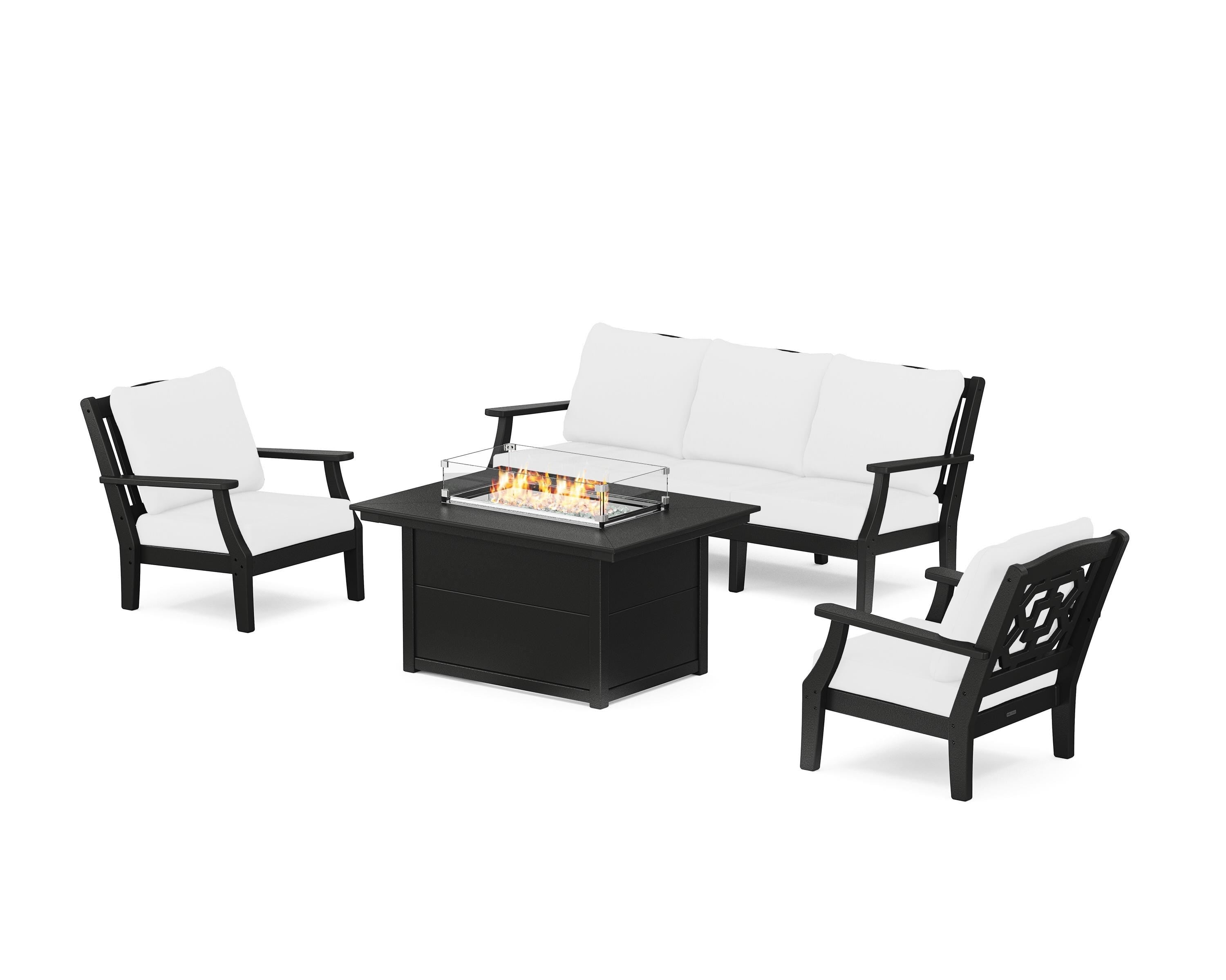 Martha Stewart by POLYWOOD® Chinoiserie Deep Seating Fire Pit Table Set in Black / Natural