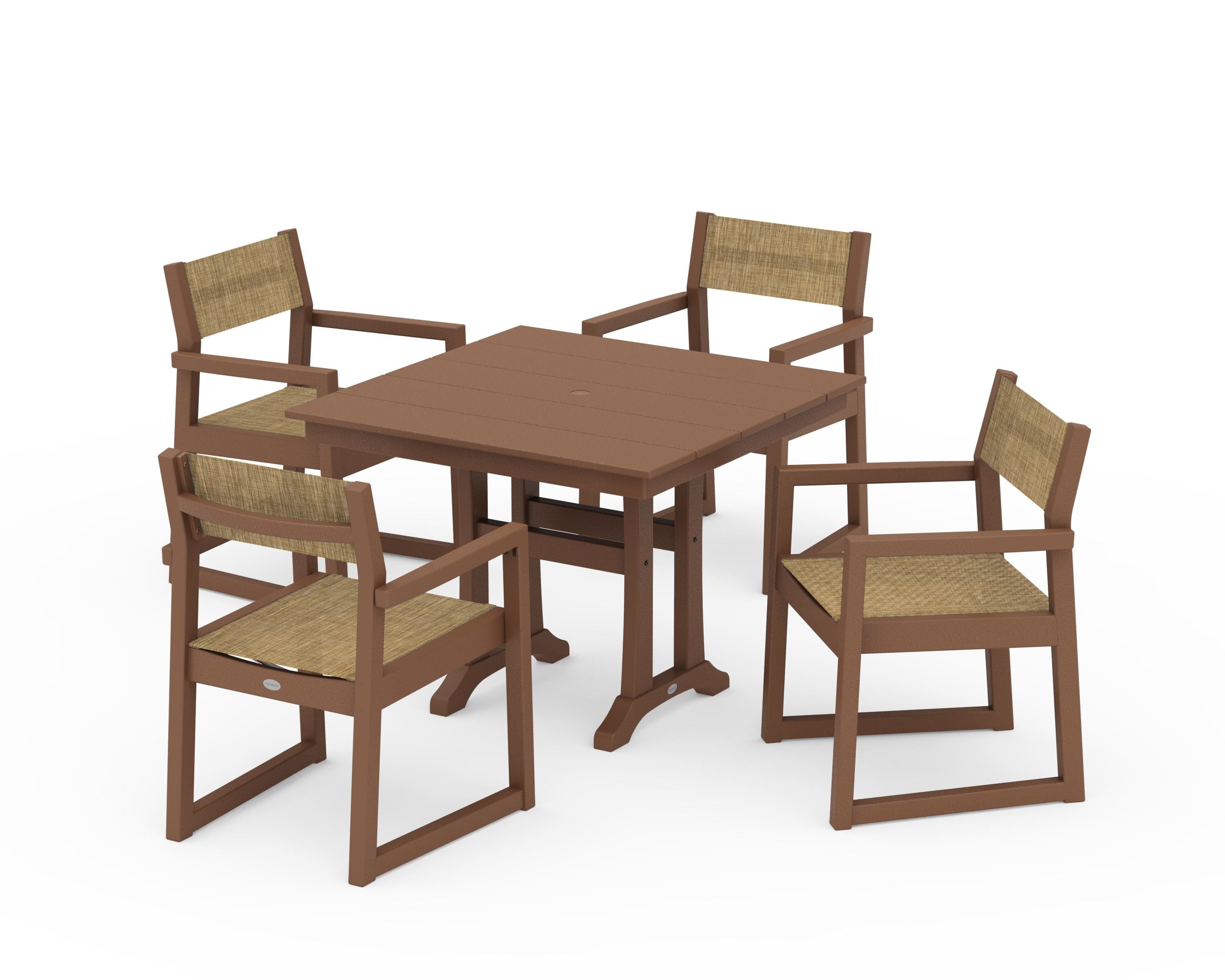 POLYWOOD® EDGE Sling 5-Piece Farmhouse Dining Set with Trestle Legs in Teak / Burlap Sling
