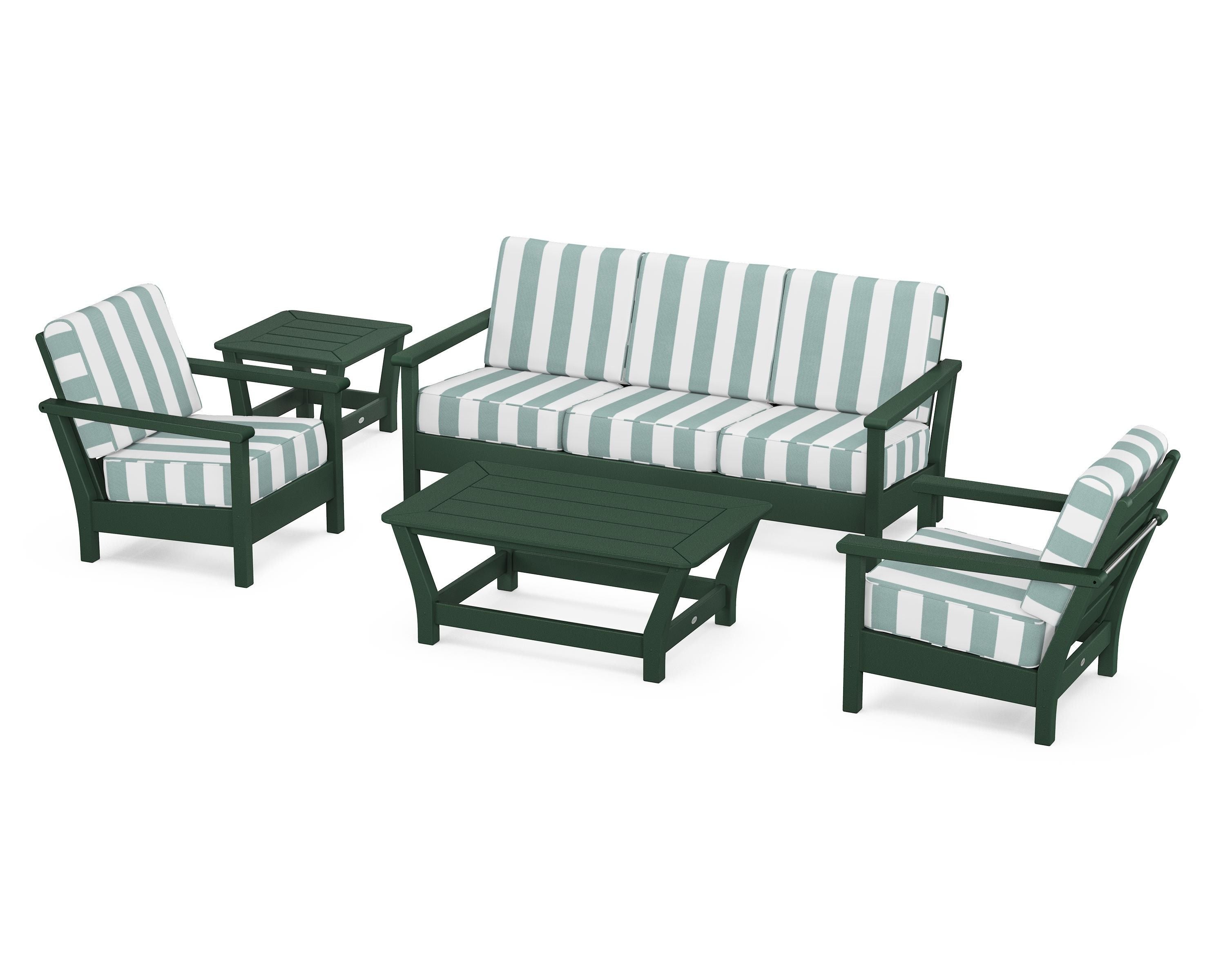 POLYWOOD® Harbour 5-Piece Deep Seating Set in Green / Cabana Stripe Glacier Spa