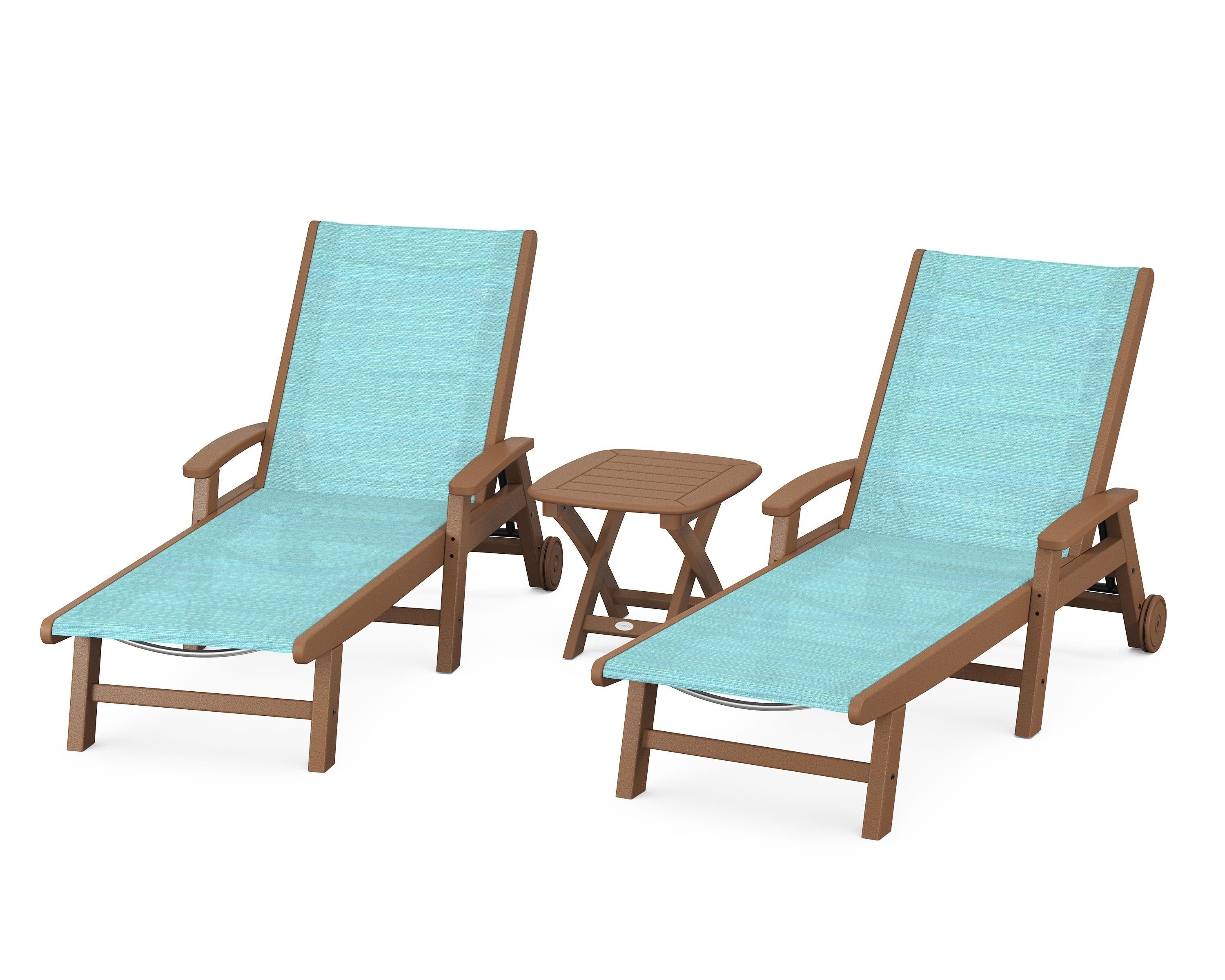 POLYWOOD® Coastal 3-Piece Wheeled Chaise Set in Teak / Dupioni Aquamarine Sling