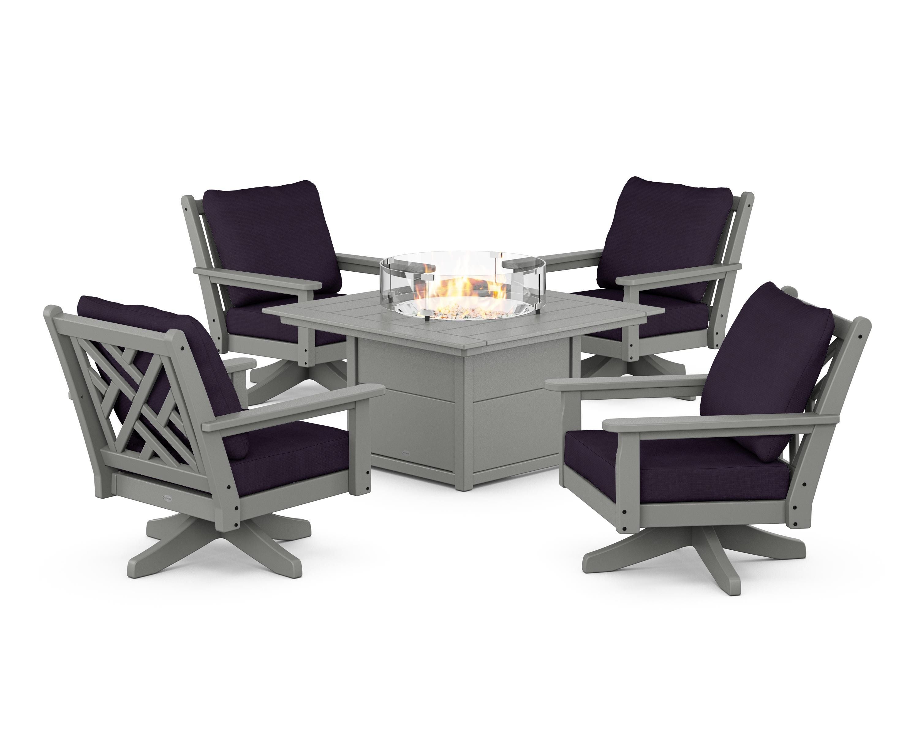 POLYWOOD® Chippendale 5-Piece Deep Seating Swivel Conversation Set with Fire Pit Table in Slate Grey / Navy Linen