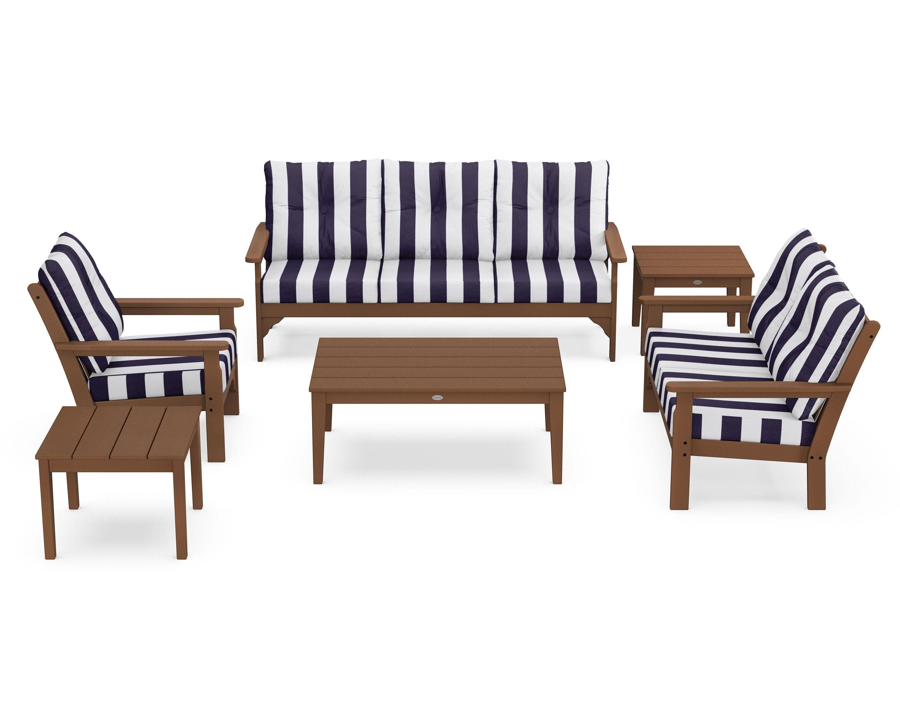 POLYWOOD® Vineyard 6-Piece Deep Seating Set in Teak / Cabana Stripe Navy