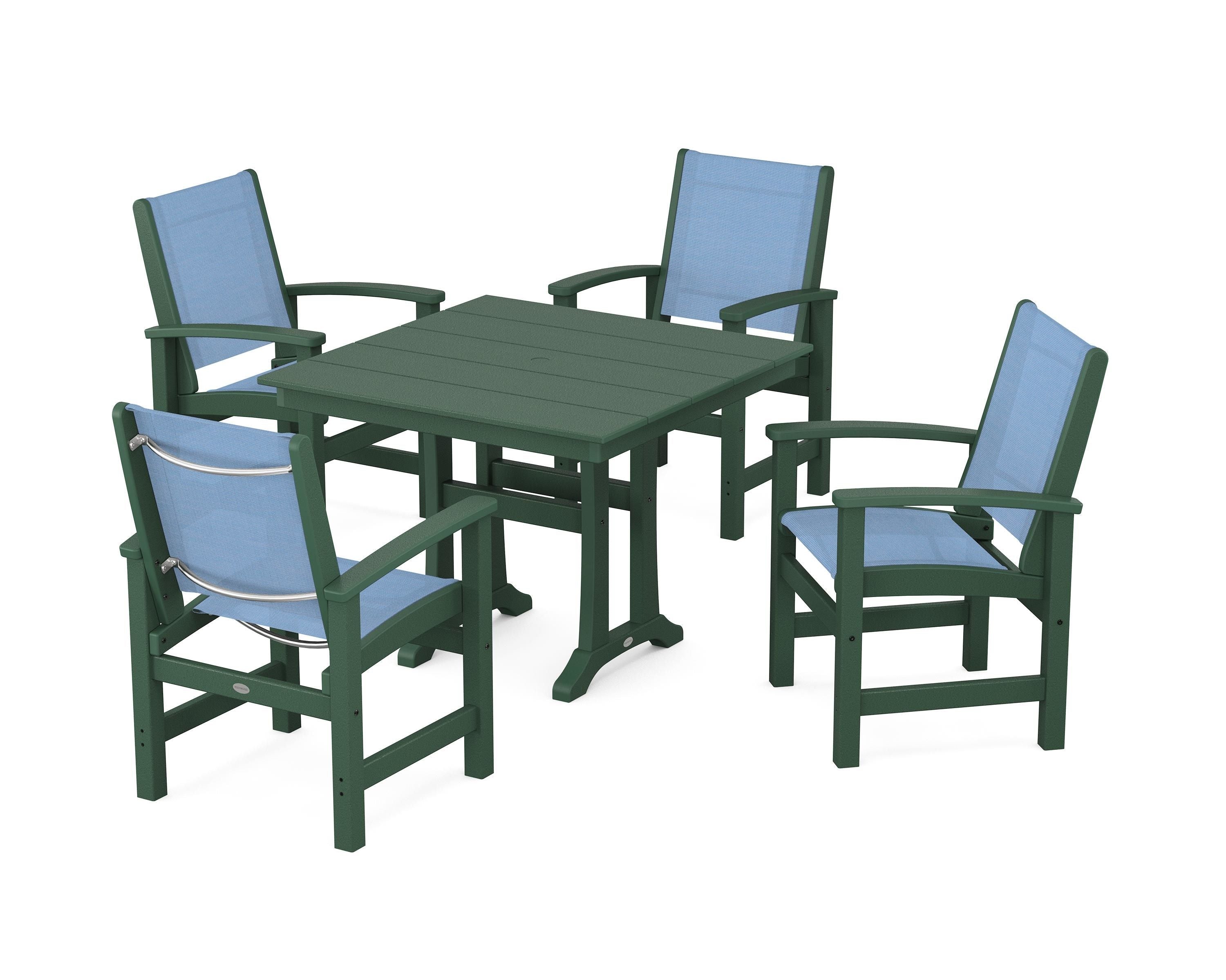 POLYWOOD® Coastal 5-Piece Farmhouse Dining Set With Trestle Legs in Green / Poolside Sling