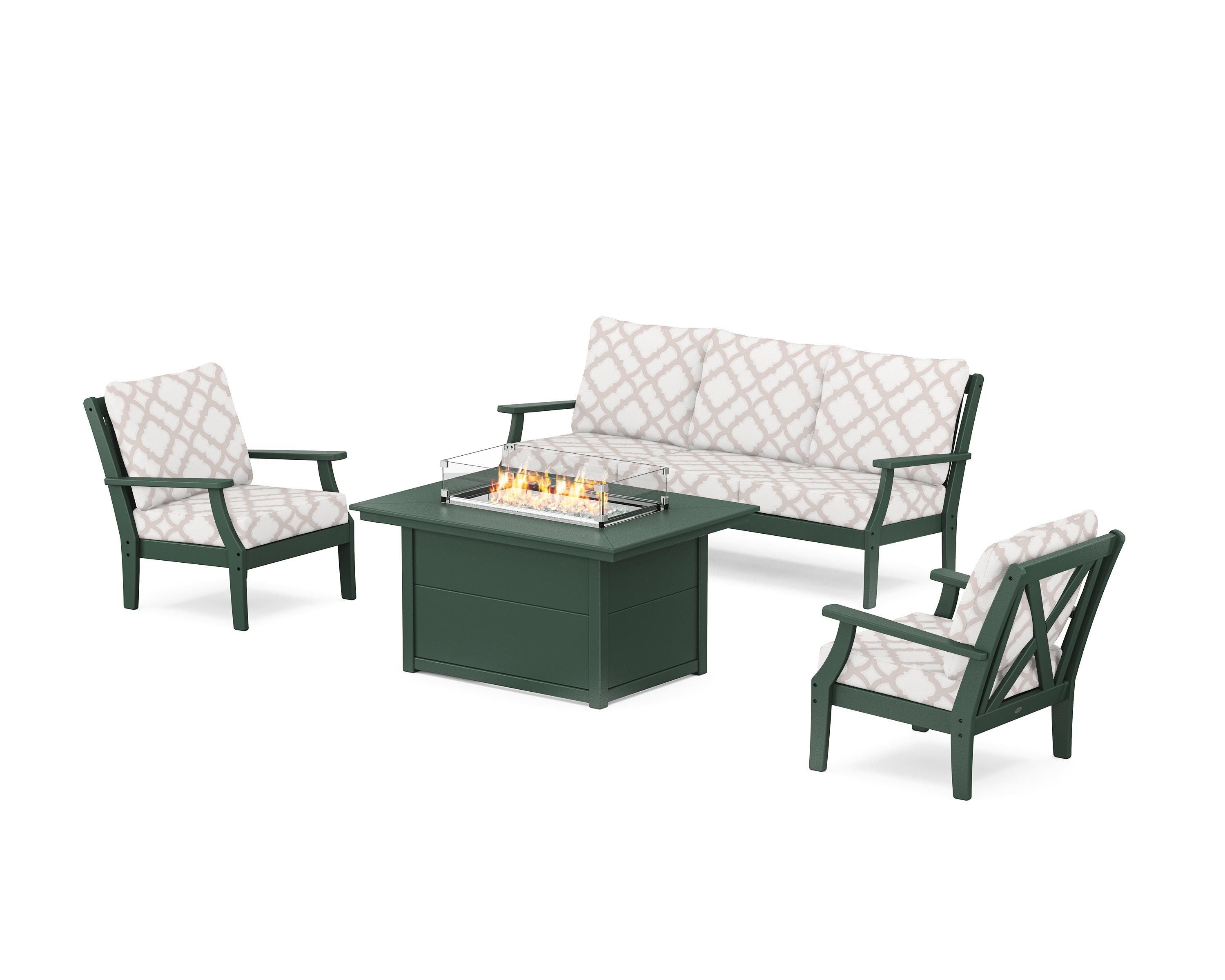 POLYWOOD® Braxton Deep Seating Fire Pit Table Set in Green / Trellis Dune Burlap