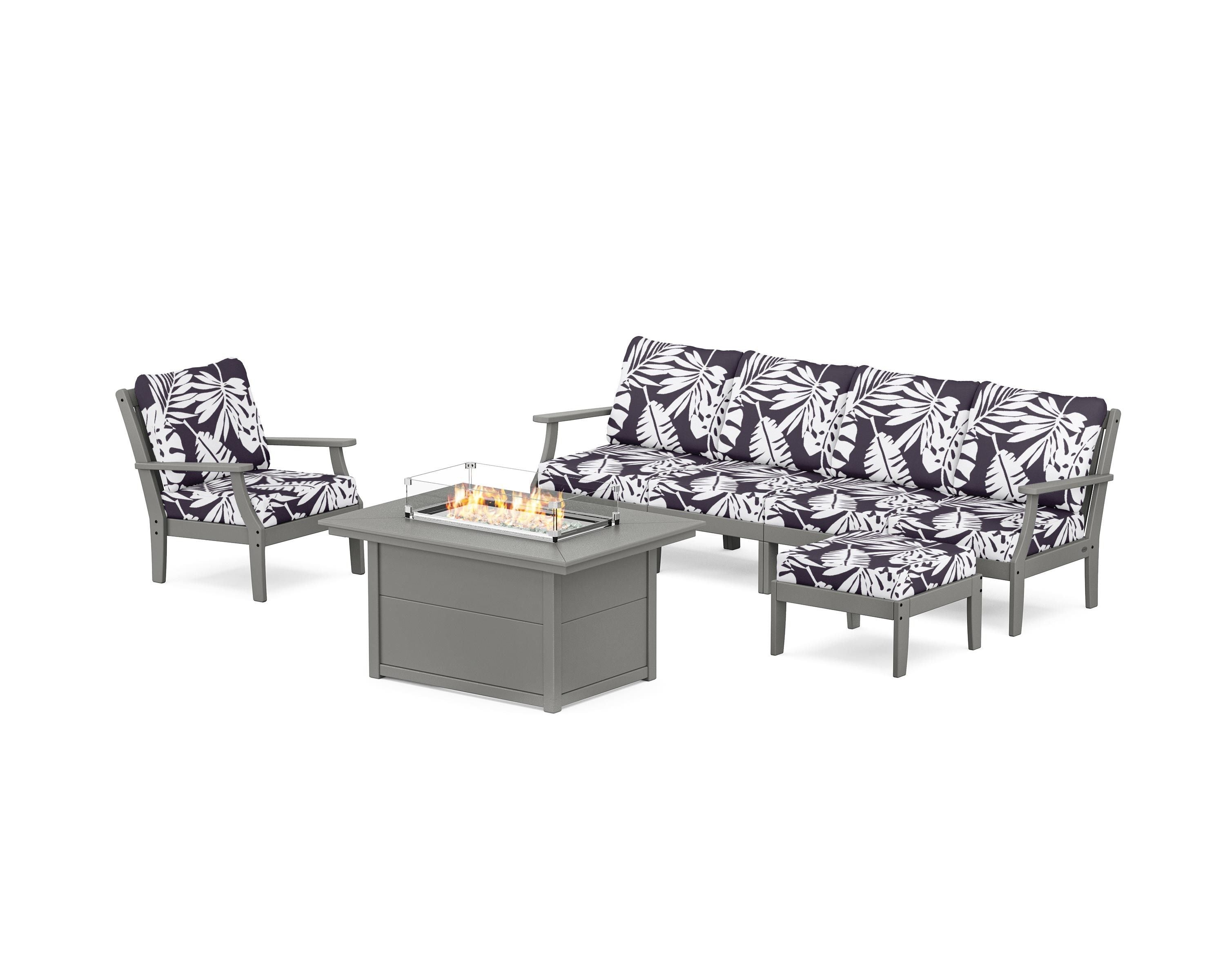 POLYWOOD® Braxton Sectional Lounge and Fire Pit Set in Slate Grey / Leaf Navy