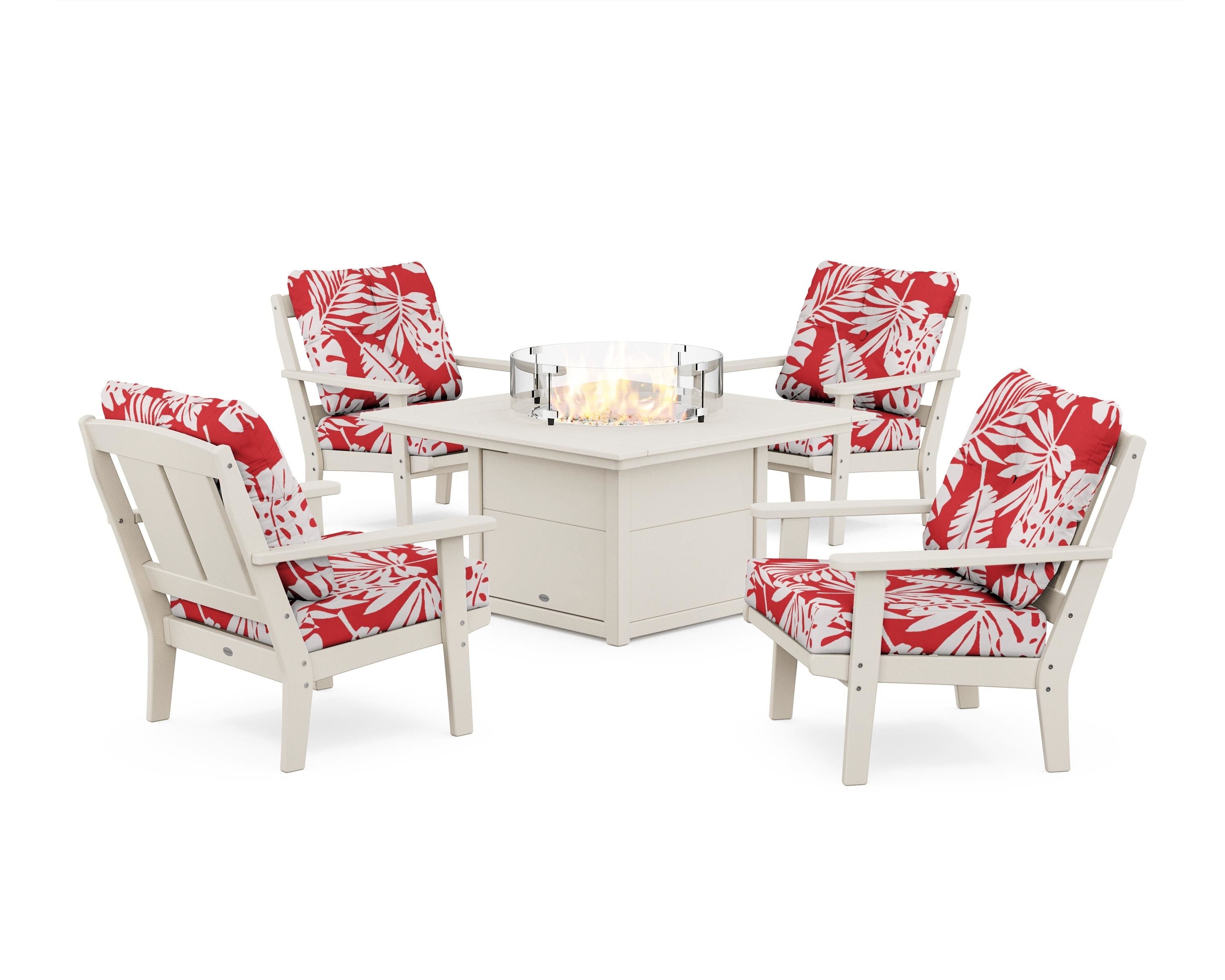 POLYWOOD® Mission 5-Piece Deep Seating Set with Fire Pit Table in Sand / Leaf Crimson