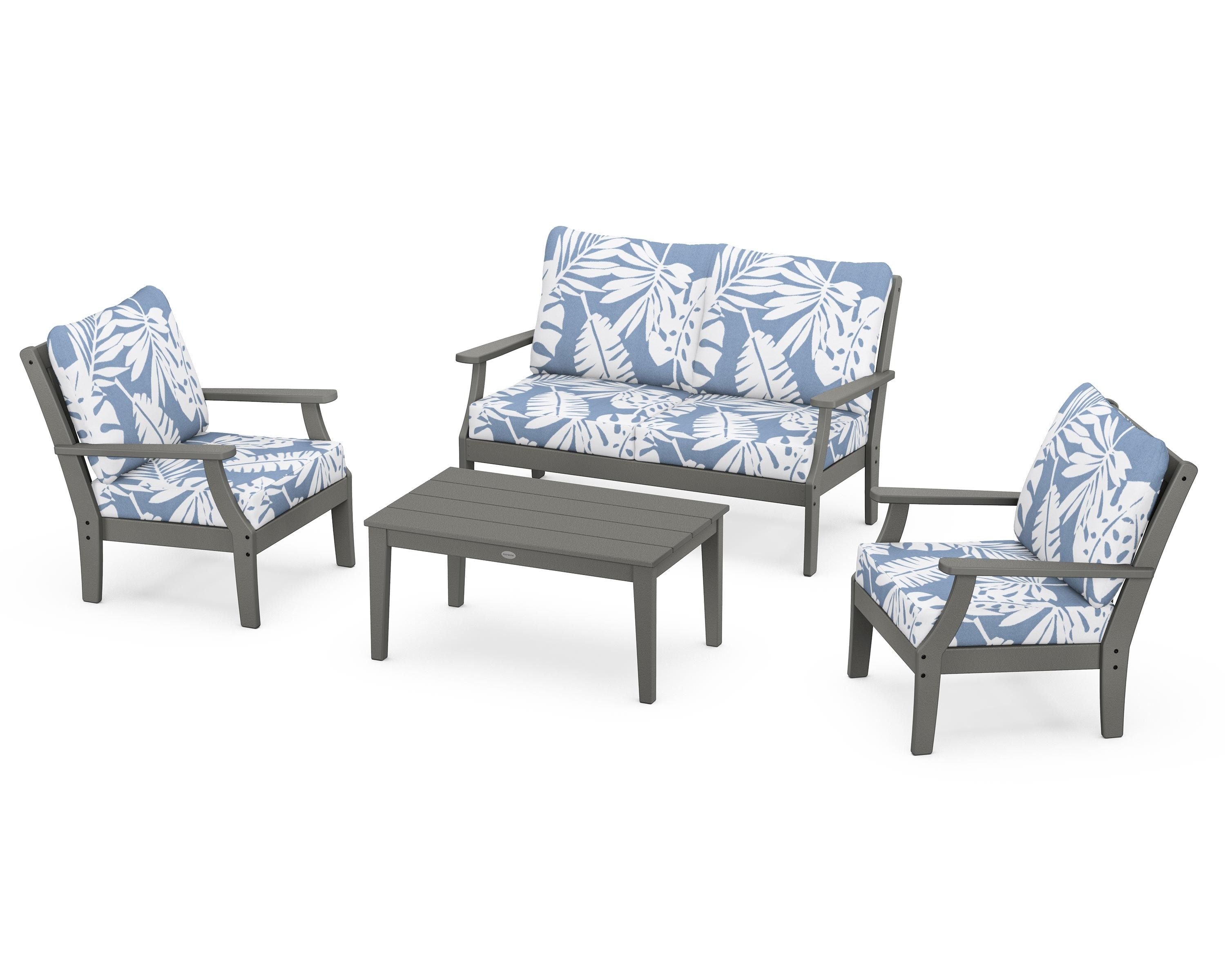 POLYWOOD® Braxton 4-Piece Deep Seating Chair Set in Slate Grey / Leaf Sky Blue