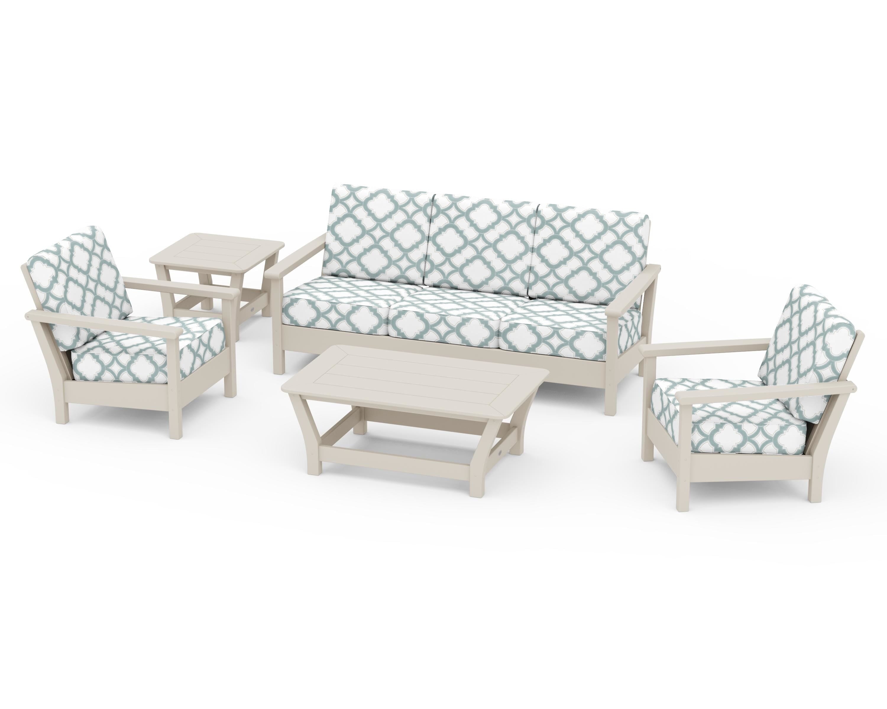 POLYWOOD® Harbour 5-Piece Deep Seating Set in Sand / Trellis Glacier Spa