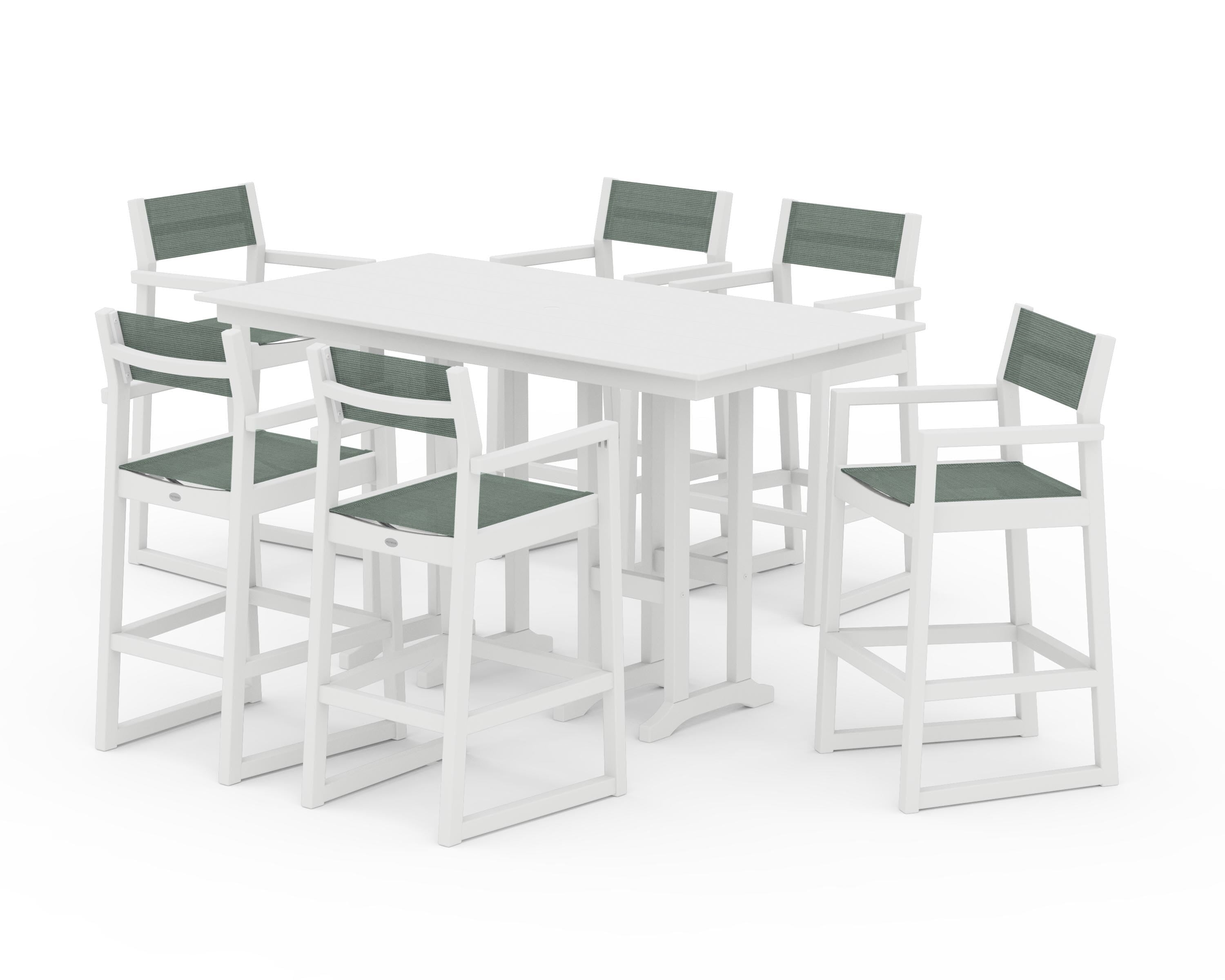 POLYWOOD® EDGE Sling Arm Chair 7-Piece Farmhouse Bar Set in White / Dupioni Sea Mist Sling