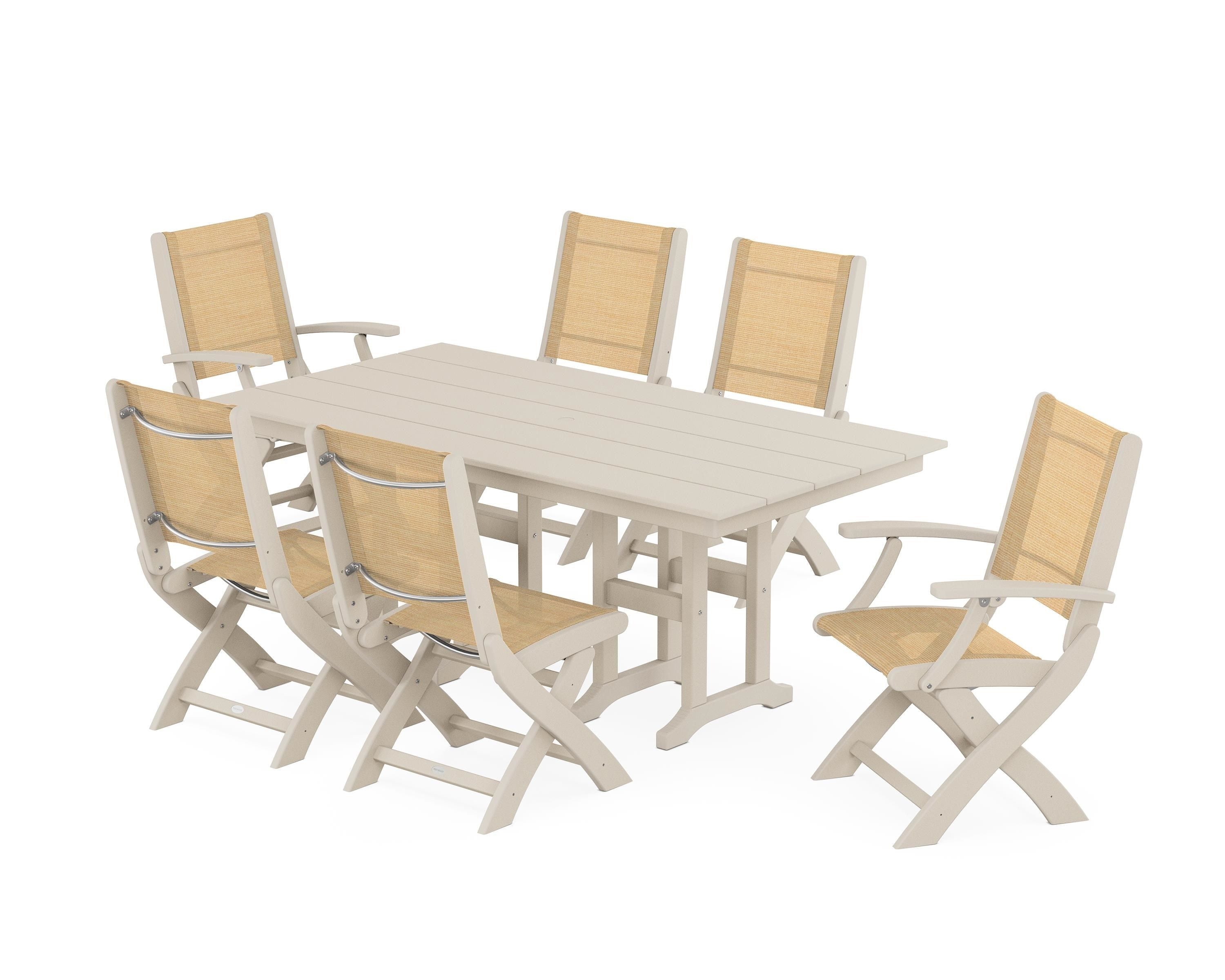 POLYWOOD® Coastal Folding Chair 7-Piece Farmhouse Dining Set in Sand / Dupioni Apricot Sling