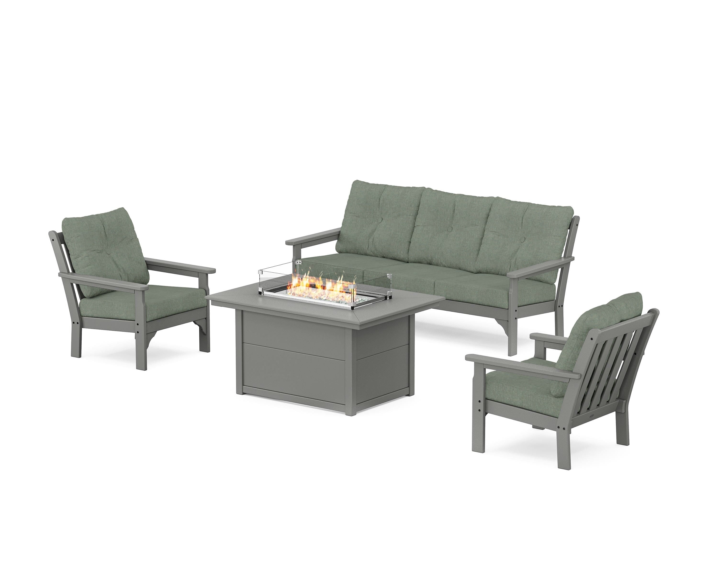 POLYWOOD® Vineyard Deep Seating Fire Pit Table Set in Slate Grey / Cast Sage