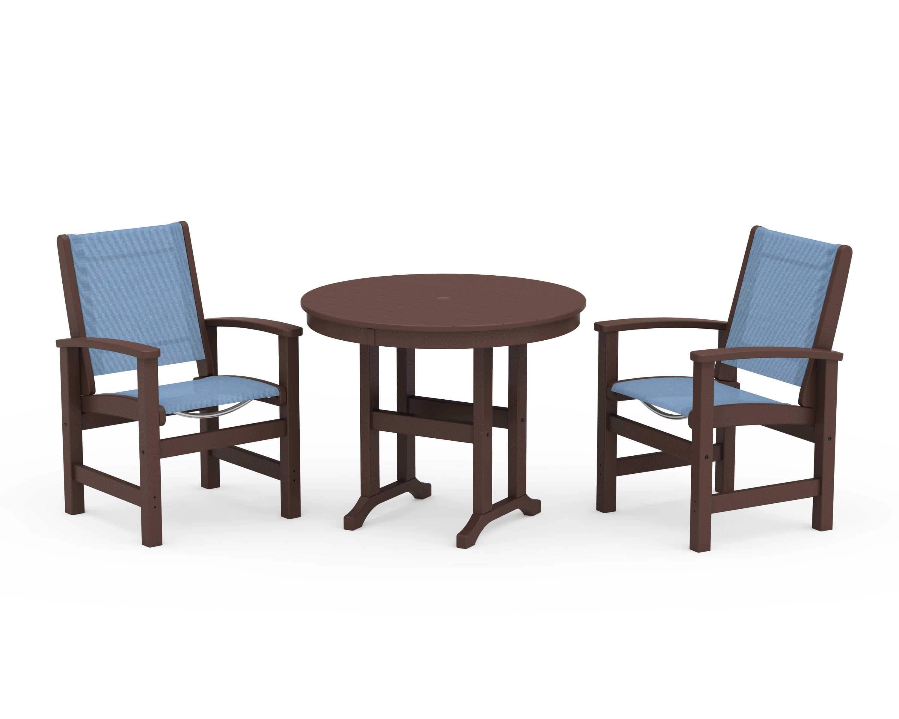 POLYWOOD® Coastal 3-Piece Round Dining Set in Mahogany / Poolside Sling
