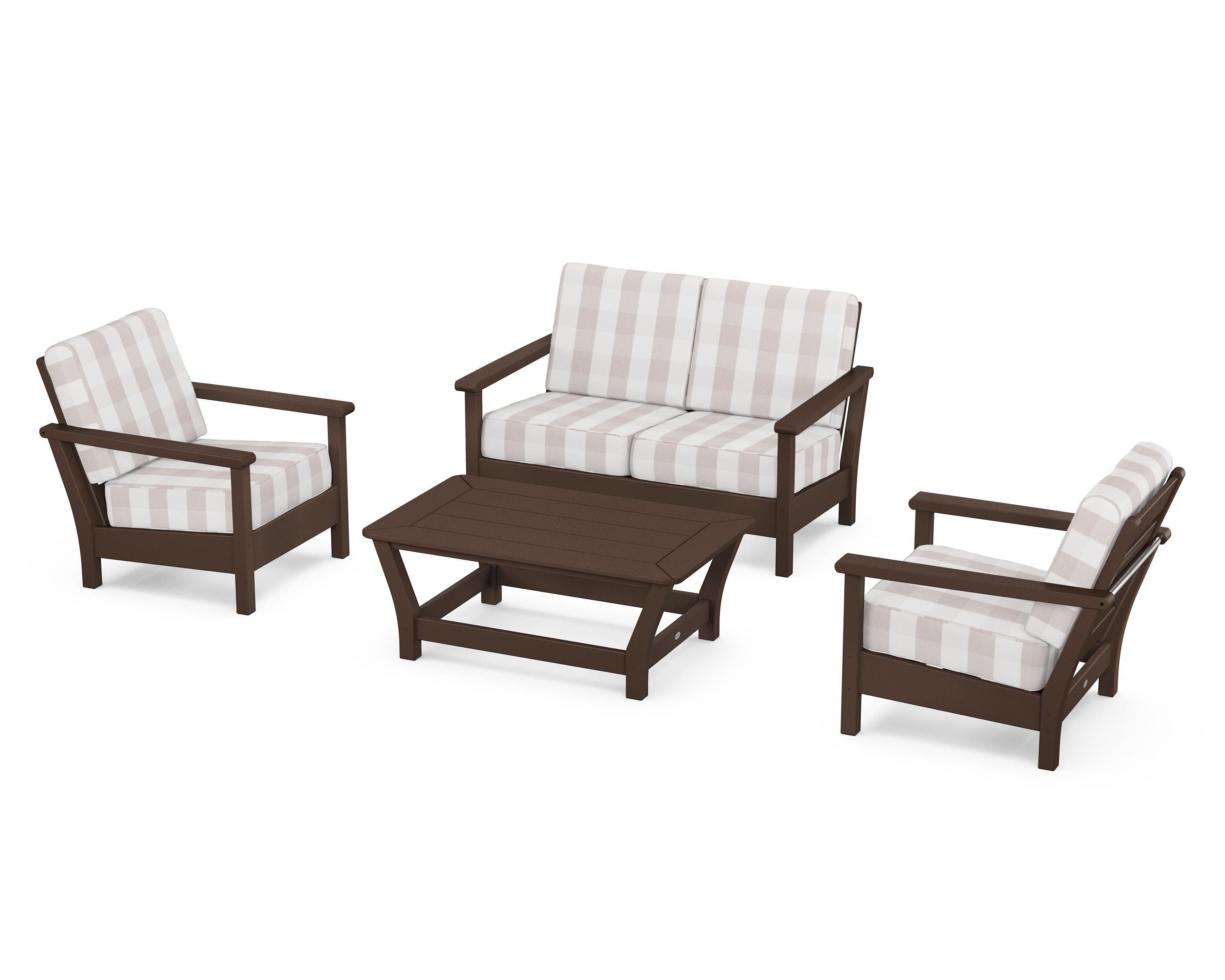 POLYWOOD® Harbour 4-Piece Deep Seating Set in Mahogany / Buffalo Plaid Dune Burlap