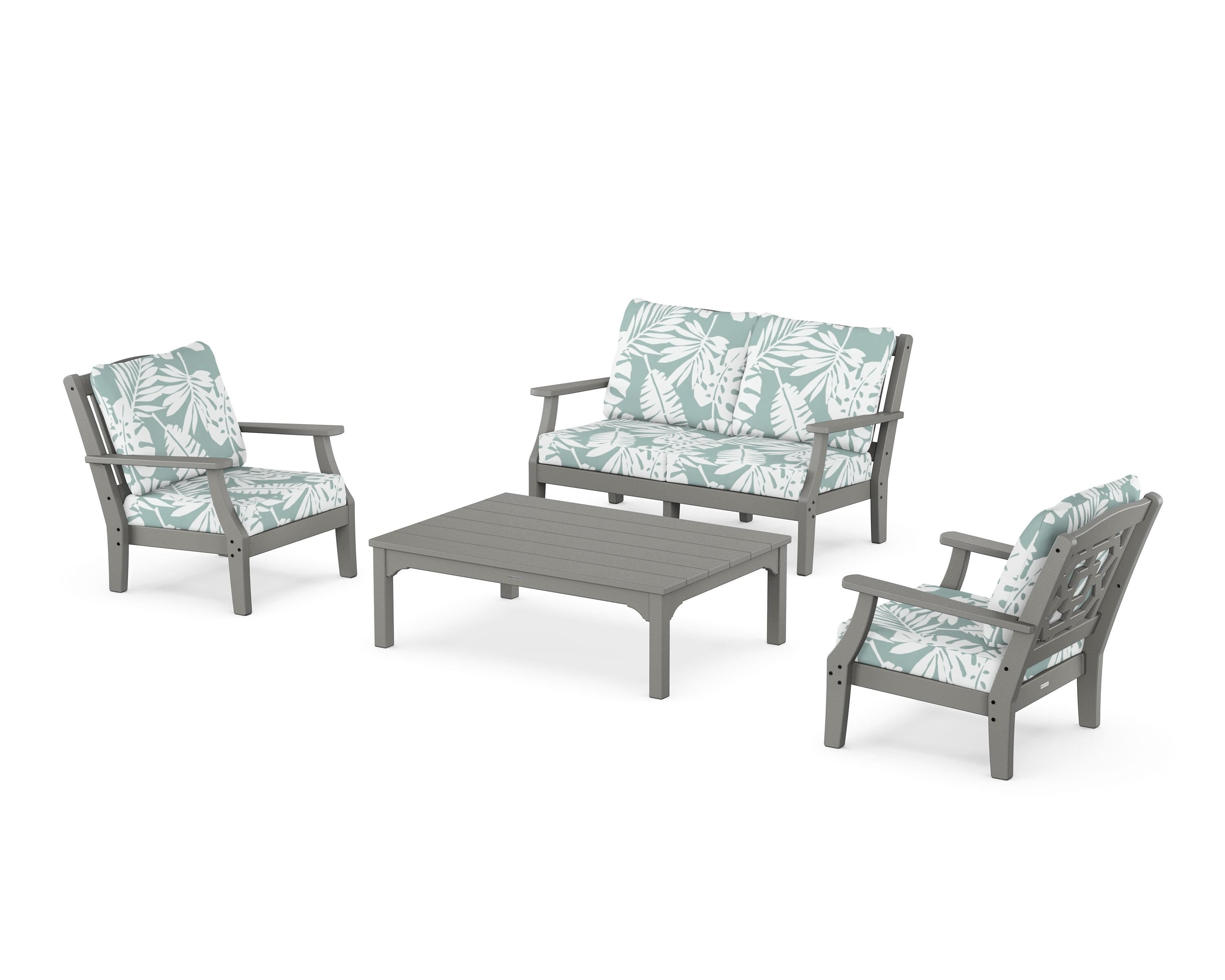Martha Stewart by POLYWOOD® Chinoiserie 4-Piece Deep Seating Set with Loveseat in Slate Grey / Leaf Glacier Spa