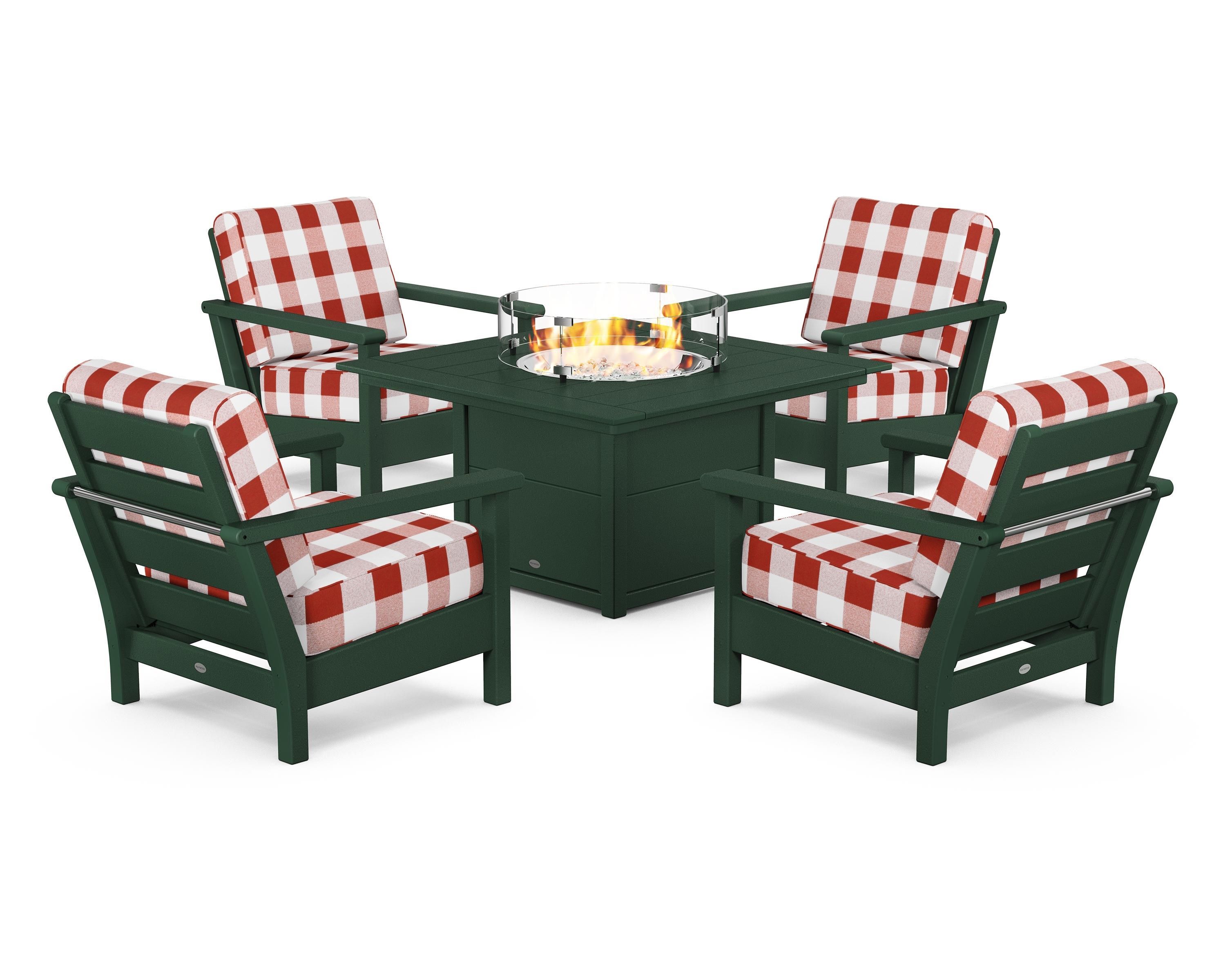POLYWOOD® Harbour 5-Piece Conversation Set with Fire Pit Table in Green / Buffalo Plaid Crimson