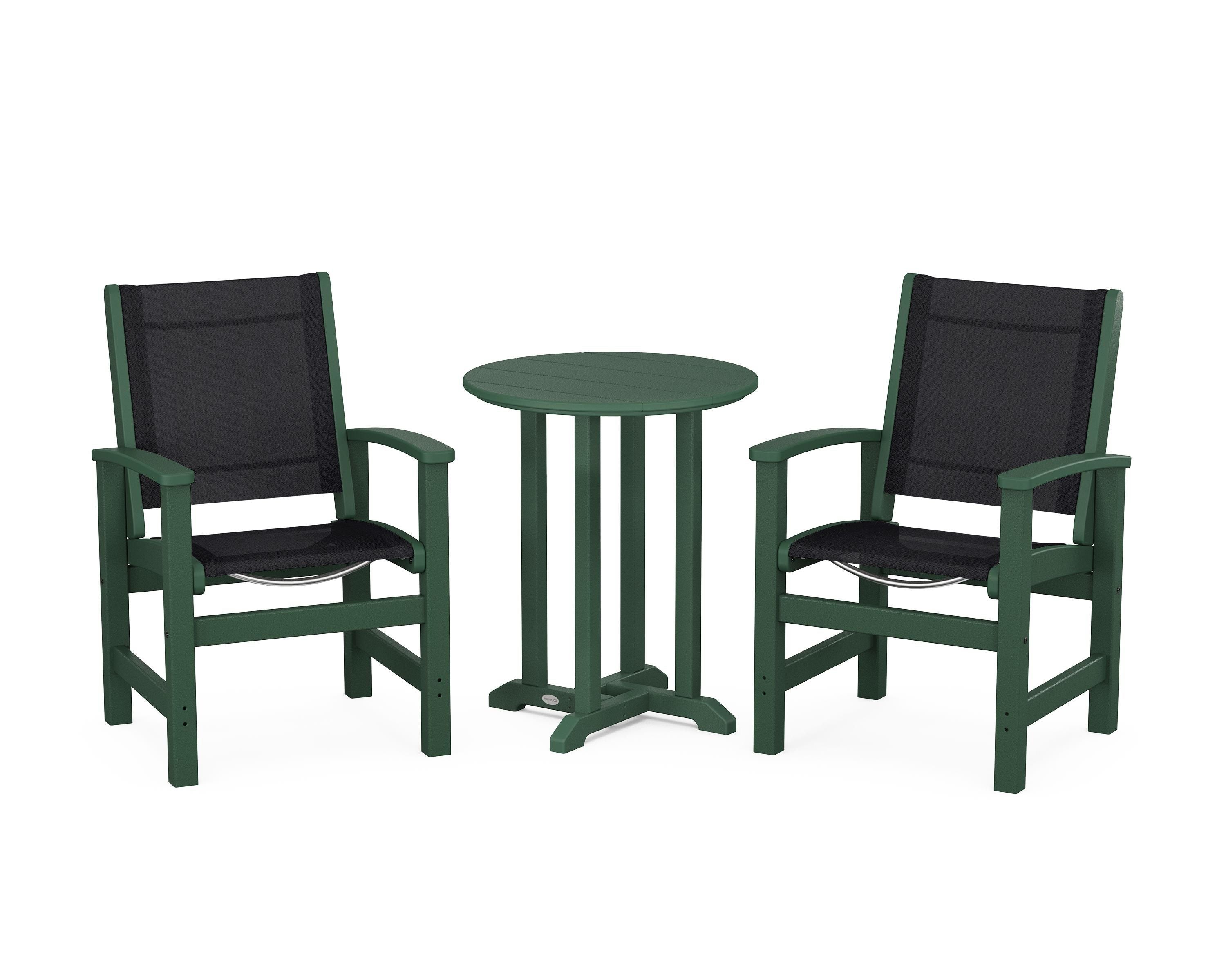 POLYWOOD® Coastal 3-Piece Round Bistro Dining Set in Green / Black Sling