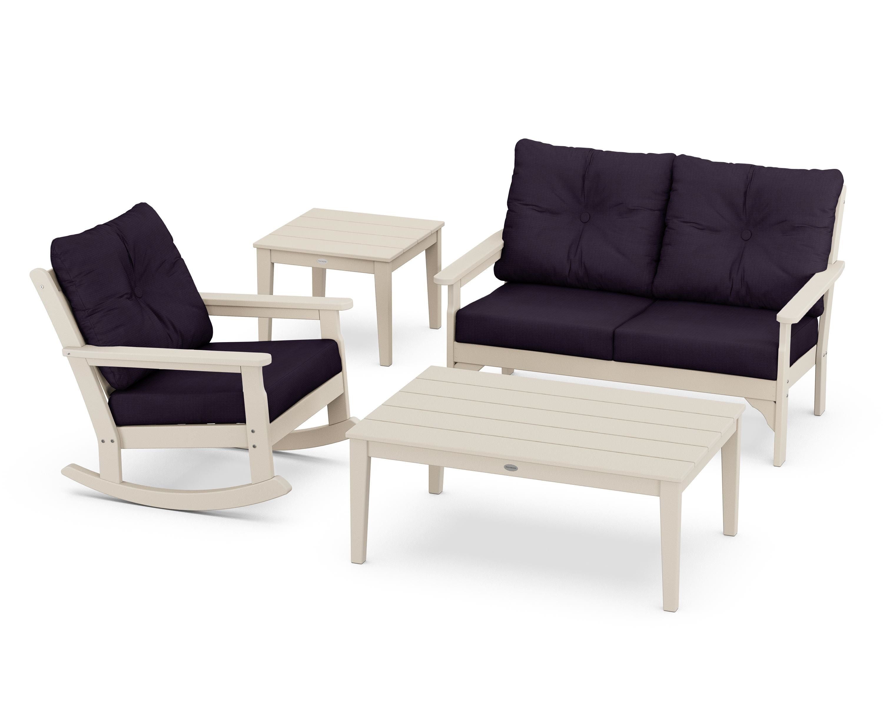 POLYWOOD® Vineyard 4-Piece Deep Seating Rocker Set in Sand / Navy Linen