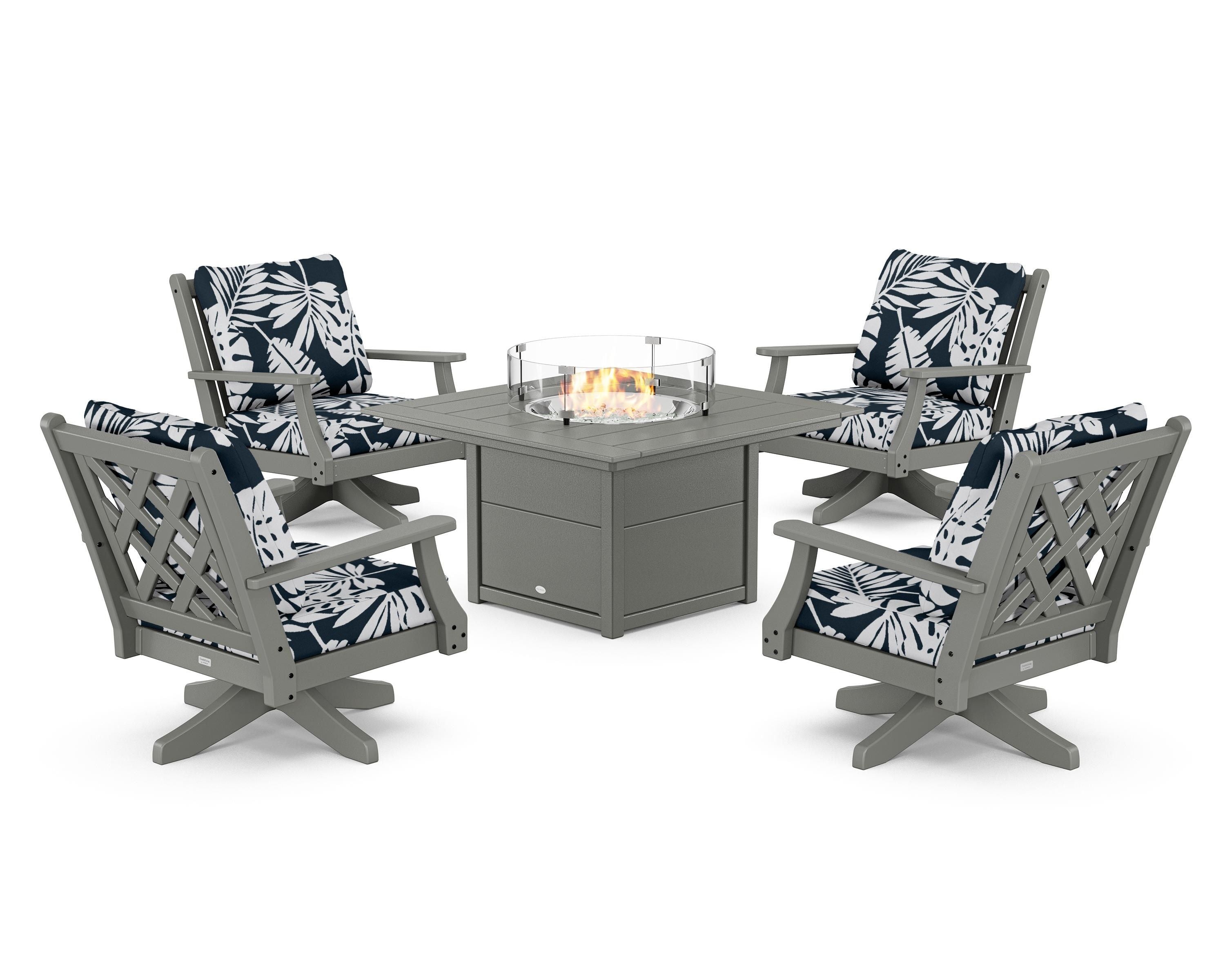 Country Living Wovendale 5-Piece Deep Seating Swivel Conversation Set with Fire Pit Table in Slate Grey / Leaf Marine Indigo