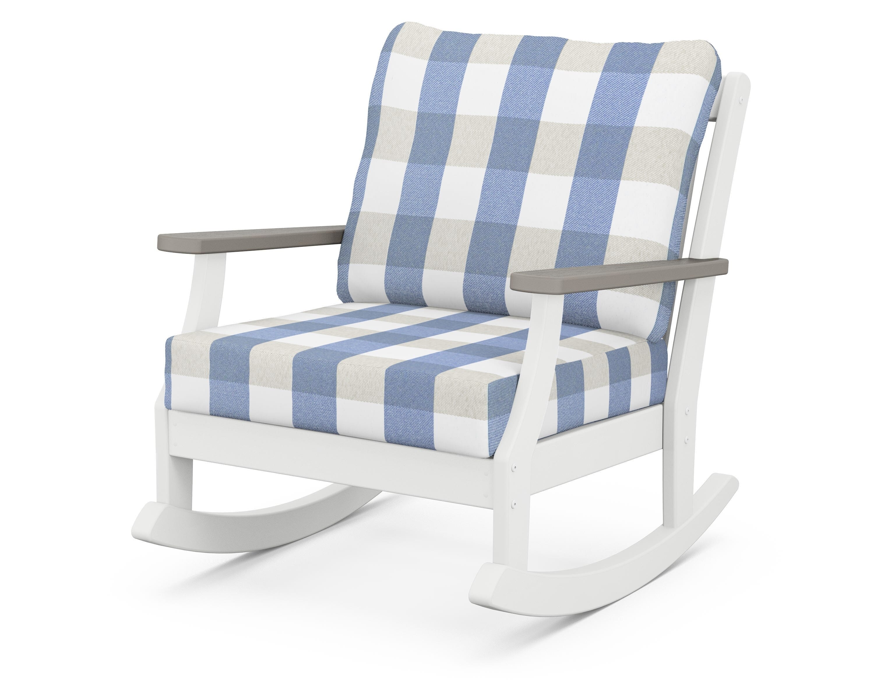 POLYWOOD® Braxton Deep Seating Rocking Chair in White / Driftwood / Buffalo Plaid Sky Blue