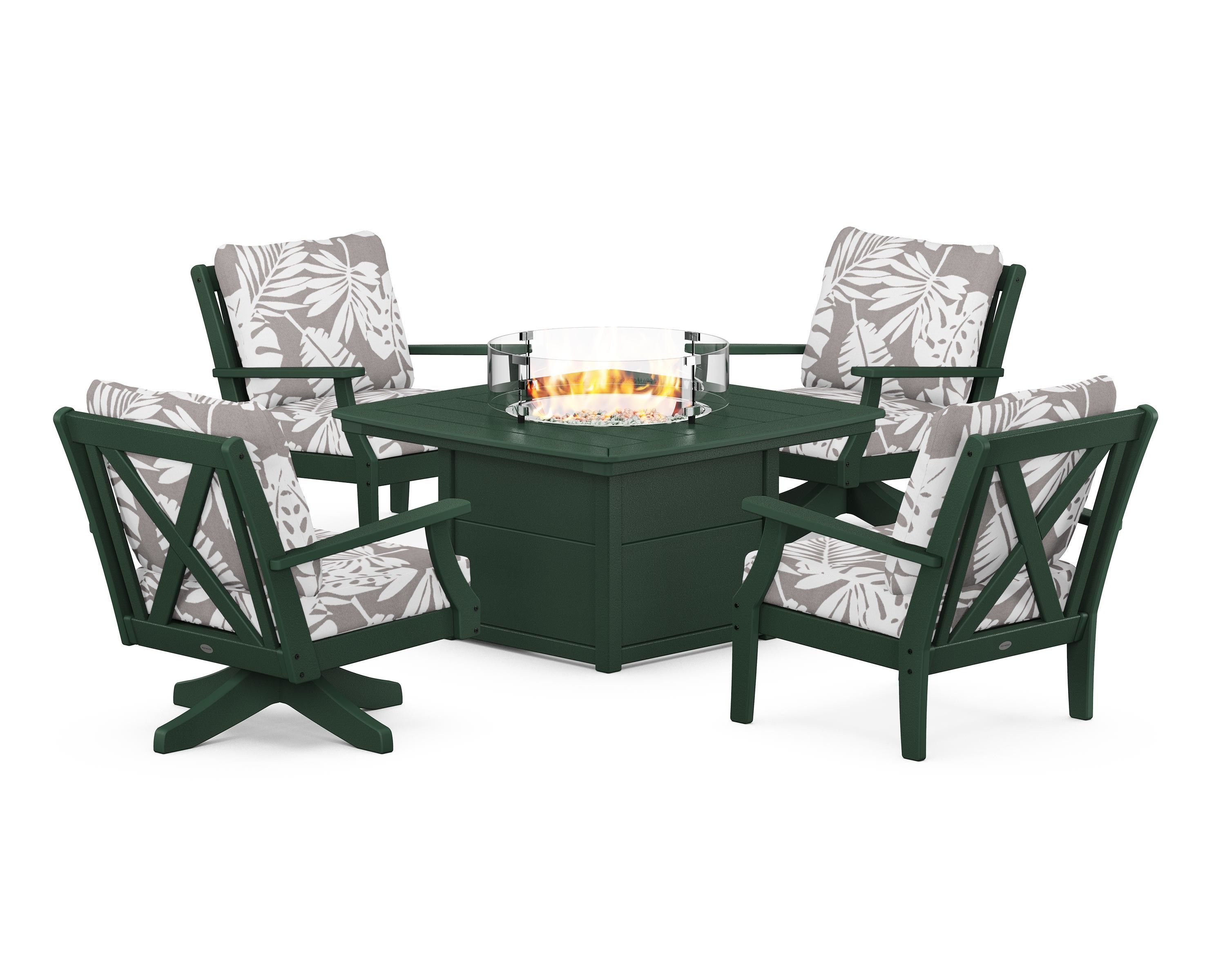 POLYWOOD® Braxton 5-Piece Deep Seating Set with Fire Table in Green / Leaf Grey Mist