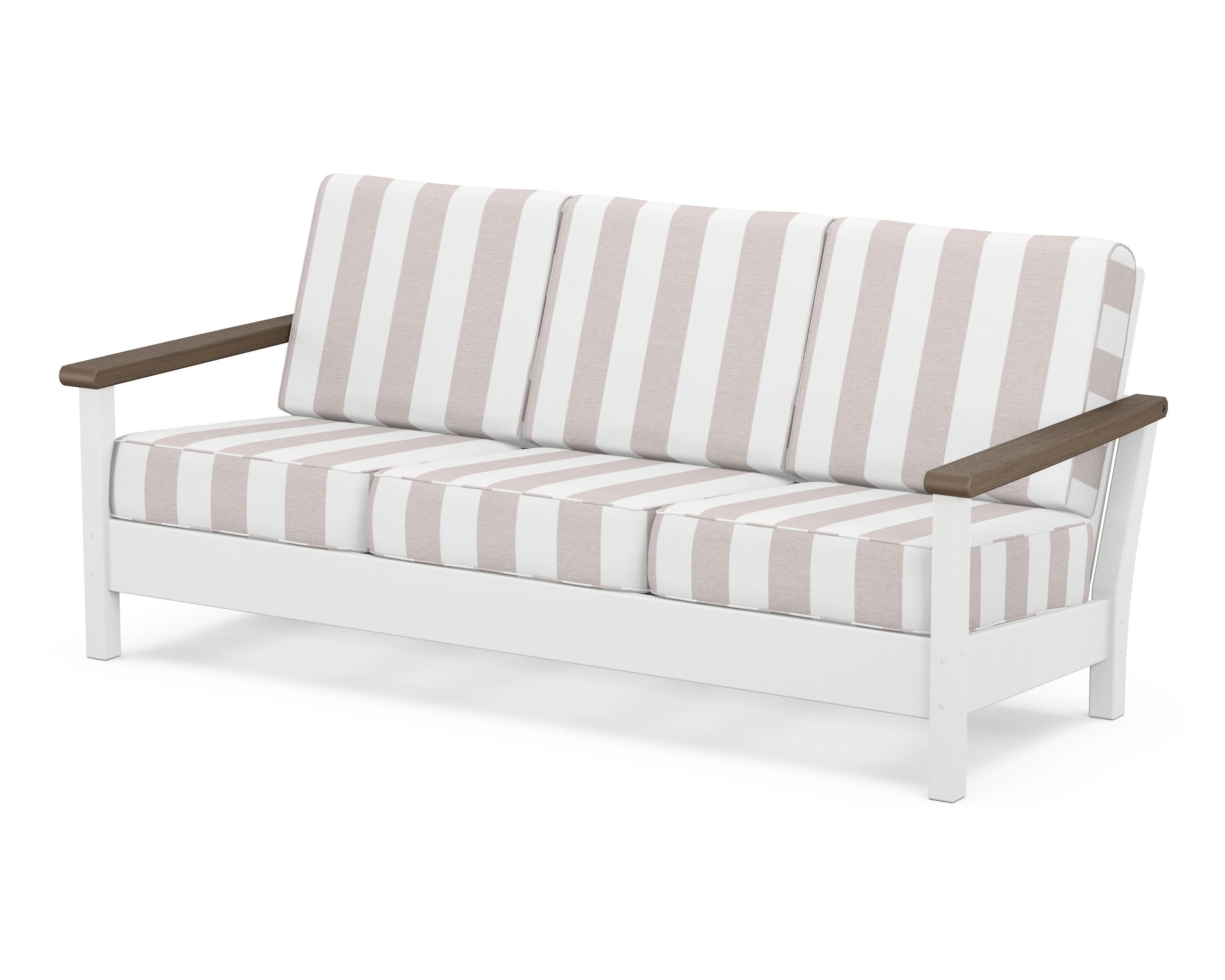 POLYWOOD® Harbour Deep Seating Sofa in White / Kona / Cabana Stripe Dune Burlap
